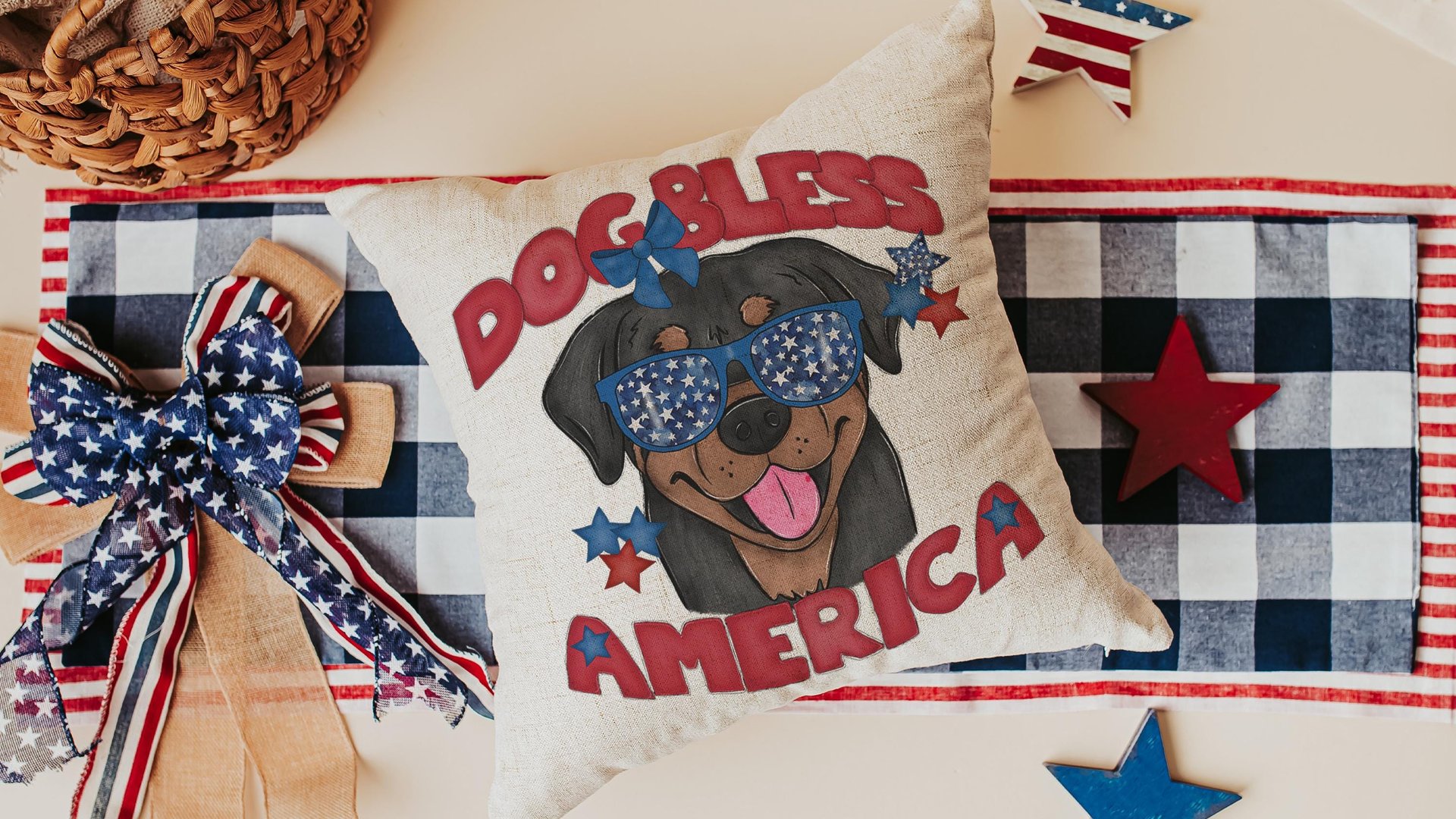 dog bless America rottweiler throw pillows for couch for dog lovers, rottweiler gifts for women, patriotic dog gift for owners, 4th of July