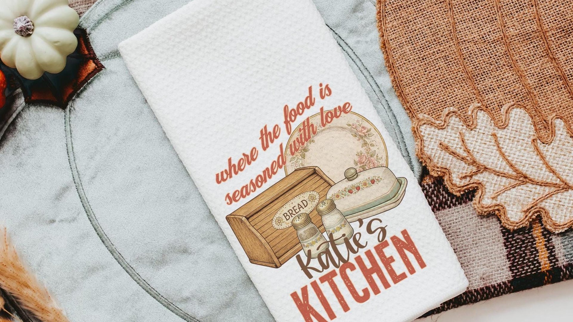 personalized seasoned with love kitchen towel for grandma, vintage inspired kitchen decor, baker gifts for her, moms kitchen hand towel for