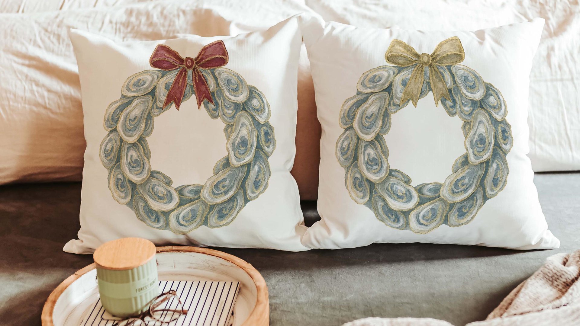 oyster shell wreath throw pillows for couch coastal decor for home, best gifts for her, summer pillow covers indoor porch decor, beachy gift