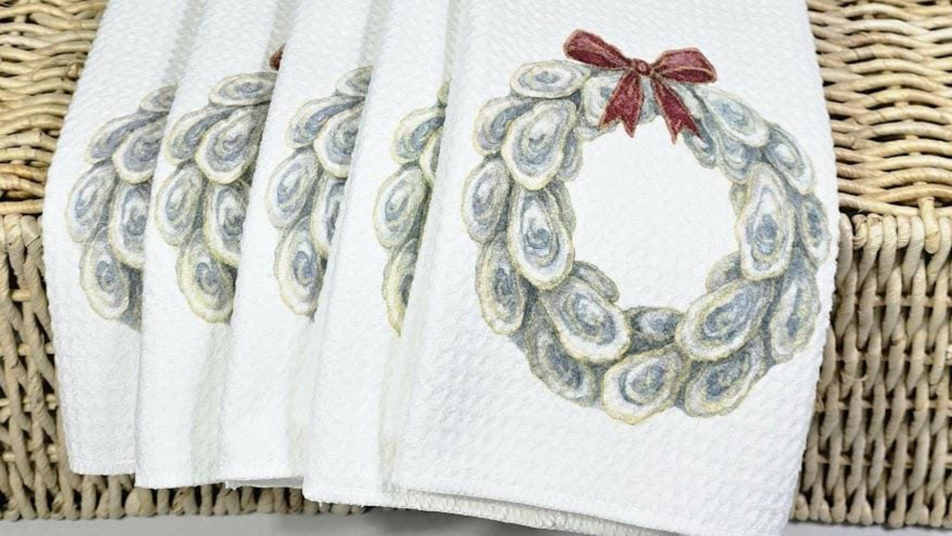oyster shell wreath with bow kitchen towels for gifts, oyster decor, coastal hand towel for guest bathroom, beachy home decor gift for her