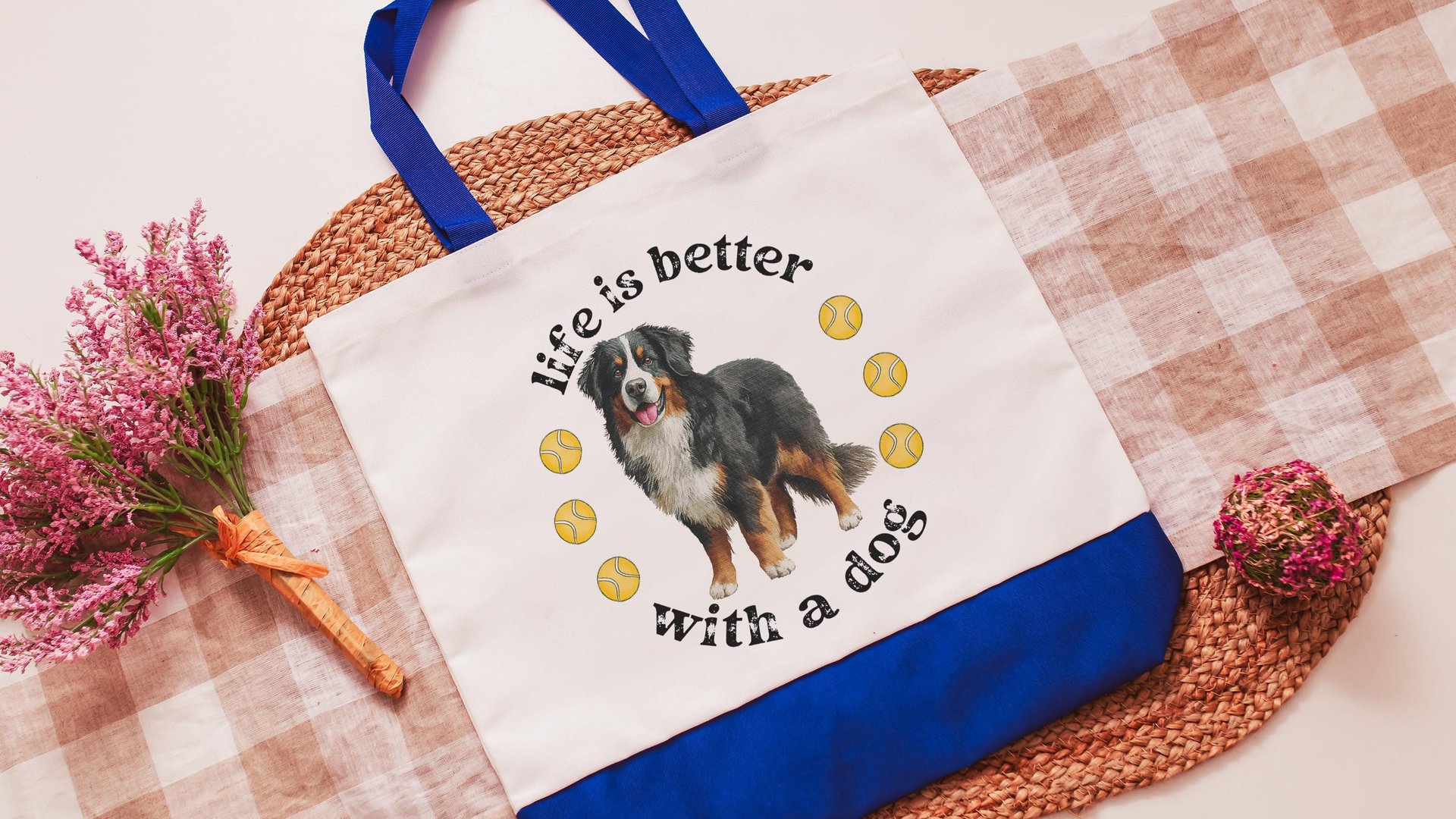 life is better with a dog tote bag for women, best gifts for dog lovers, dog walking bag, unique dog mom gifts, Bernese mountain dog gift