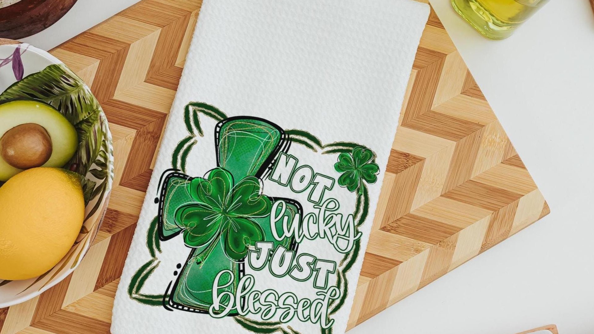 not lucky simply blessed shamrock cross kitchen towel for friends, Christian St Patricks Day decorations, Irish gifts for her, St Pattys Day