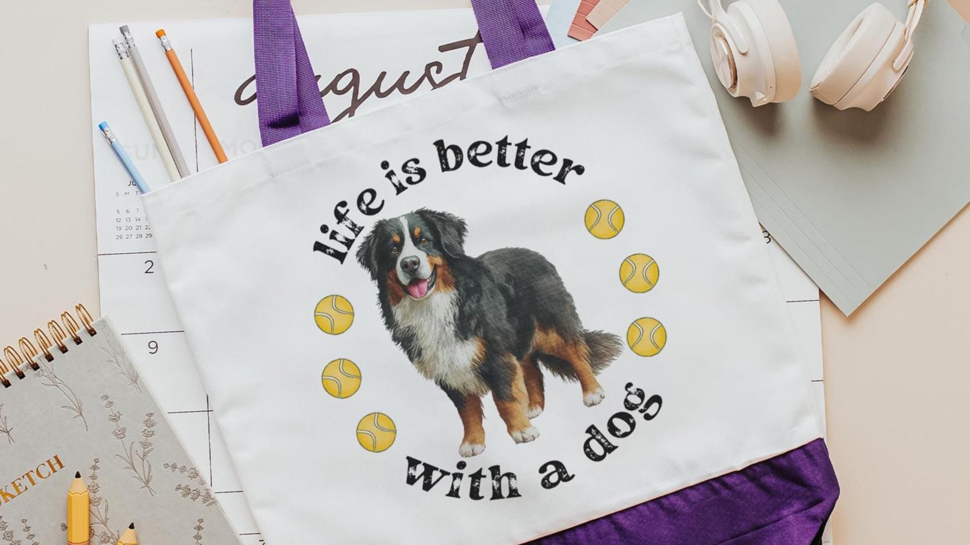 life is better with a dog tote bag for women, best gifts for dog lovers, dog walking bag, unique dog mom gifts, Bernese mountain dog gift