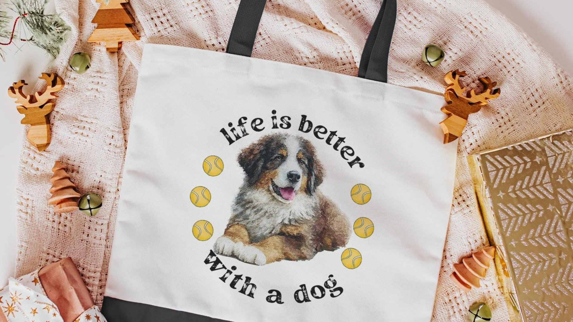 life is better with a dog bernese mountain dog tote bag for dog lover, bernese dog mom dog walking bag for women, cute dog gifts beach bag