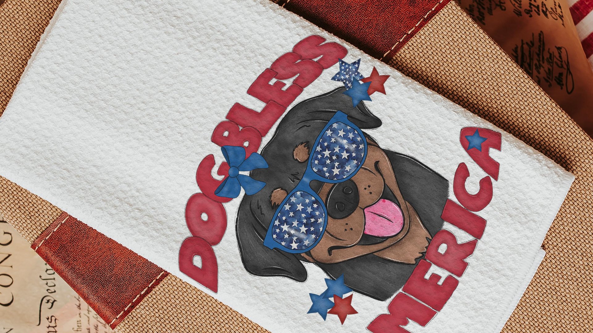 dog bless America Rottweiler kitchen towel for drying dishes, red white and blue patriotic dog hand towel for bathroom, 4th of July Rottie