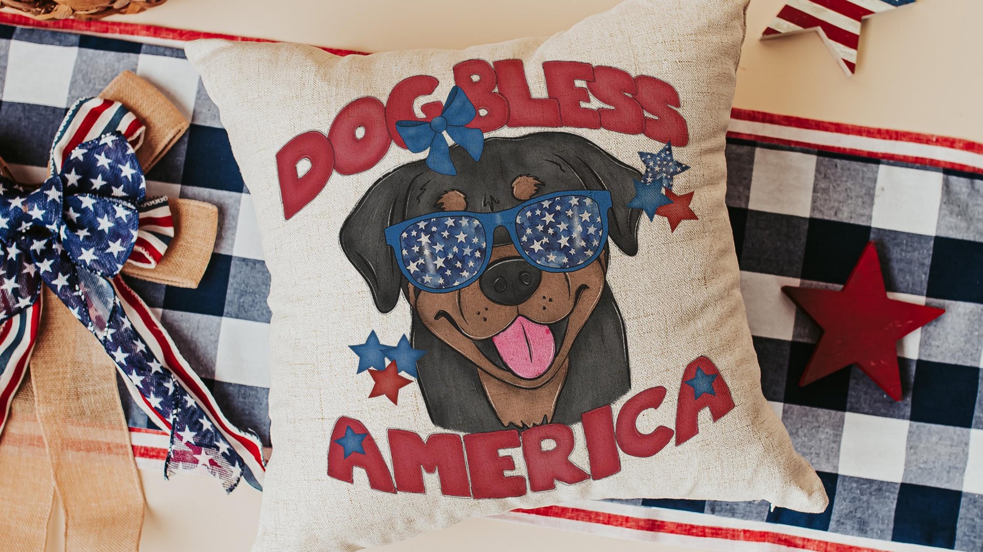 dog bless America rottweiler throw pillows for couch for dog lovers, rottweiler gifts for women, patriotic dog gift for owners, 4th of July