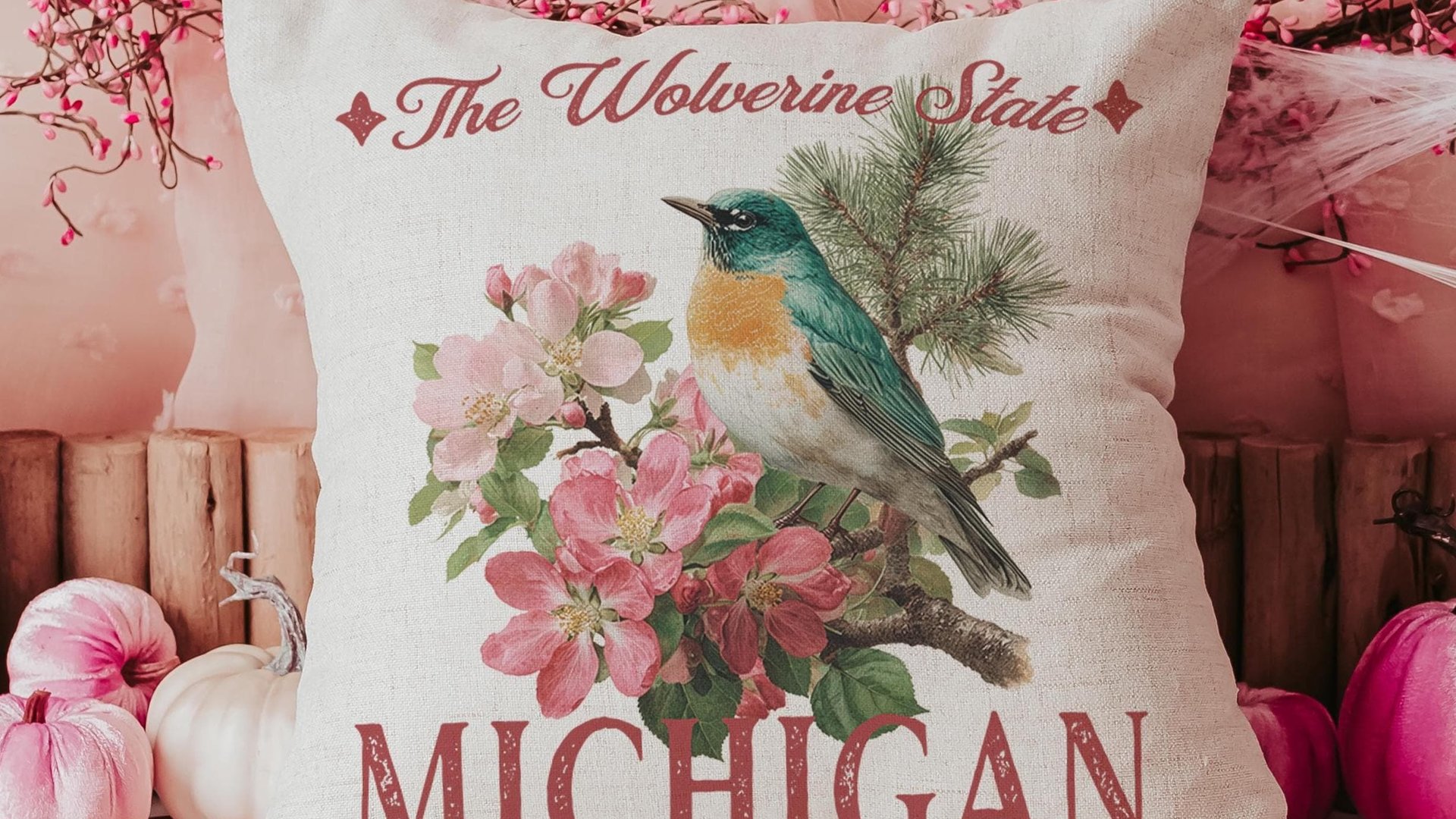 Michigan state bird throw pillows for couch floral Michigan state flower decorative pillows for sofa, Michigan gifts for women, real estate