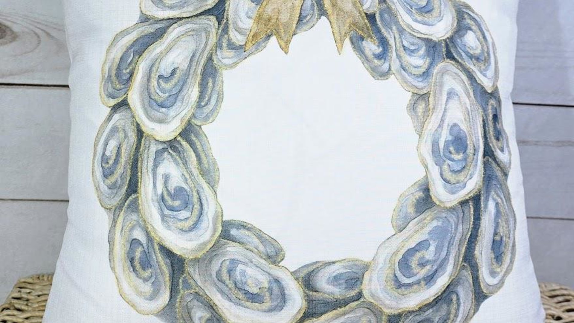 oyster shell wreath with bow kitchen towels for gifts, oyster decor, coastal hand towel for guest bathroom, beachy home decor gift for her