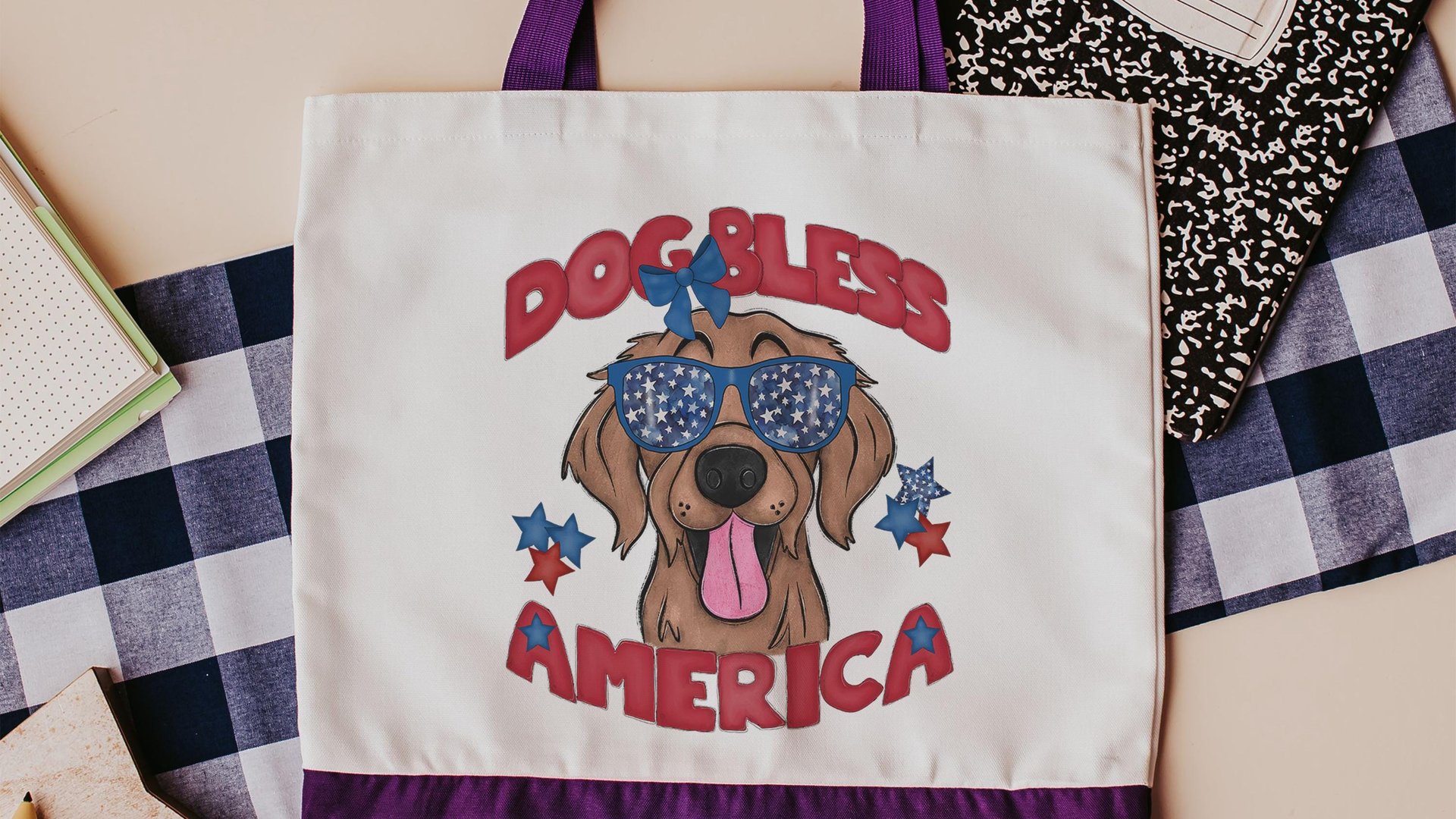Dog bless America Golden Retriever tote bag for books, retriever mom patriotic retriever gift for women, reusable grocery bag cute dog gift