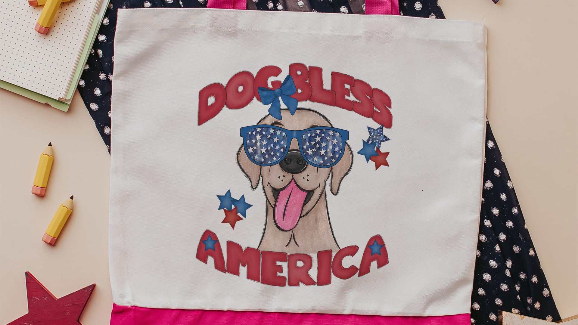 Dog bless America Yellow Labrador Retriever tote bag for books, lab mom patriotic retriever gift for women, reusable grocery bag cute dog