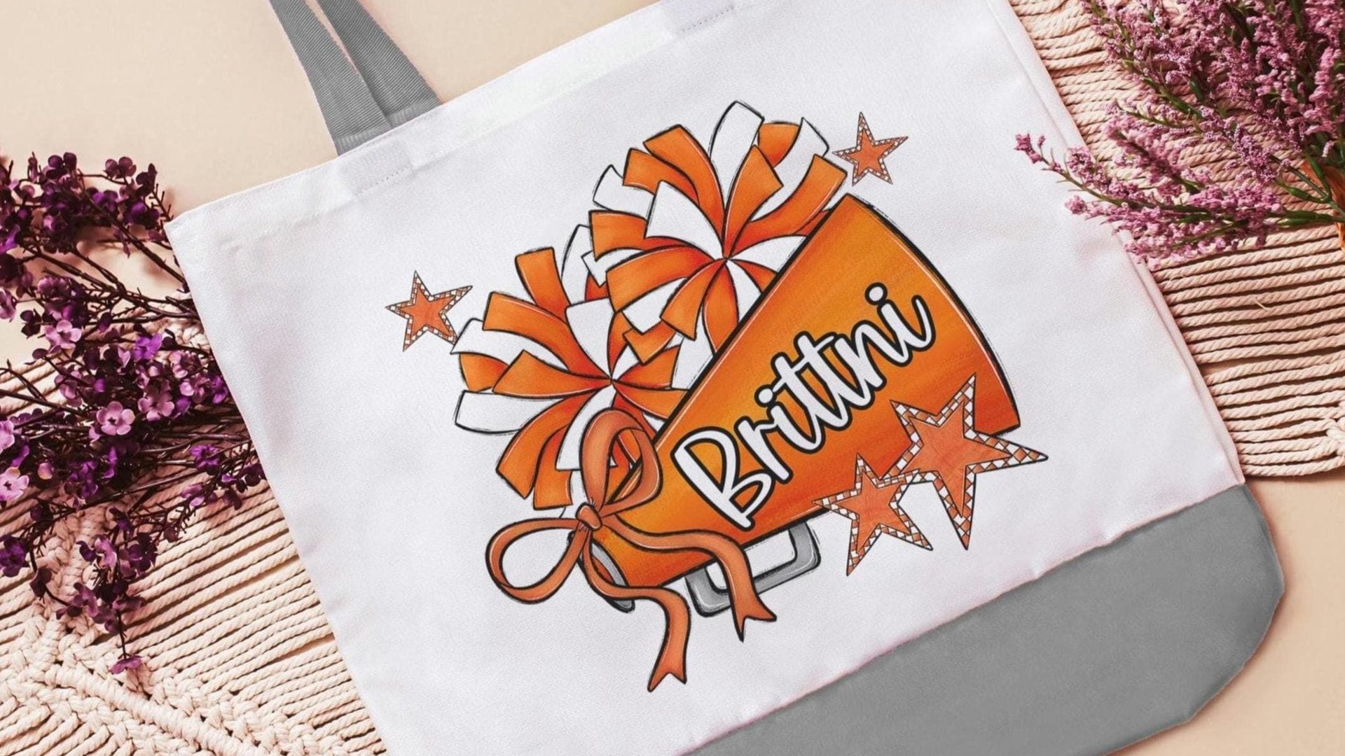 personalized cheerleader tote bag with name, orange school spirit cheer squad accessories, travel cheer bag for girls, cheerleader gifts