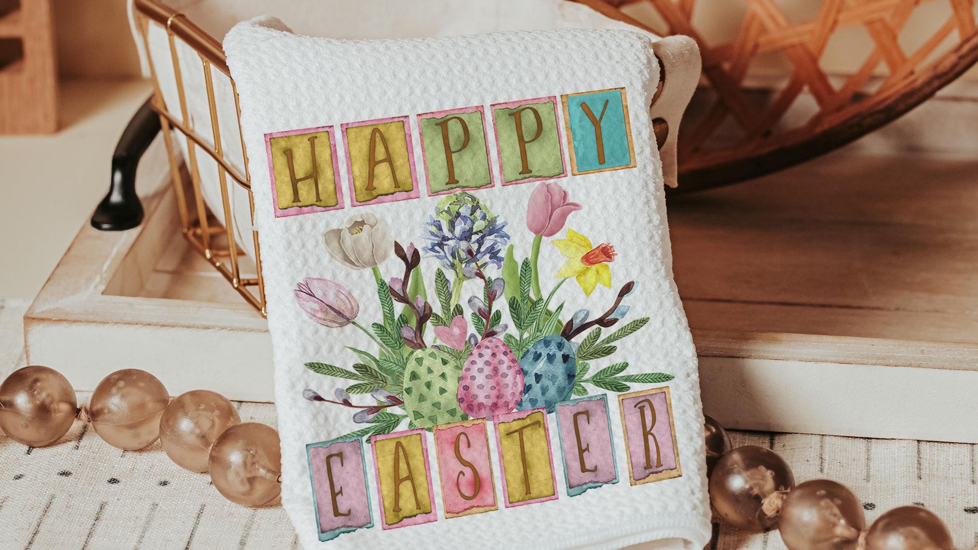 happy Easter kitchen towels, farmhouse Easter decor, floral Easter gifts for Mom, spring decorations for home, Easter basket stuffers for