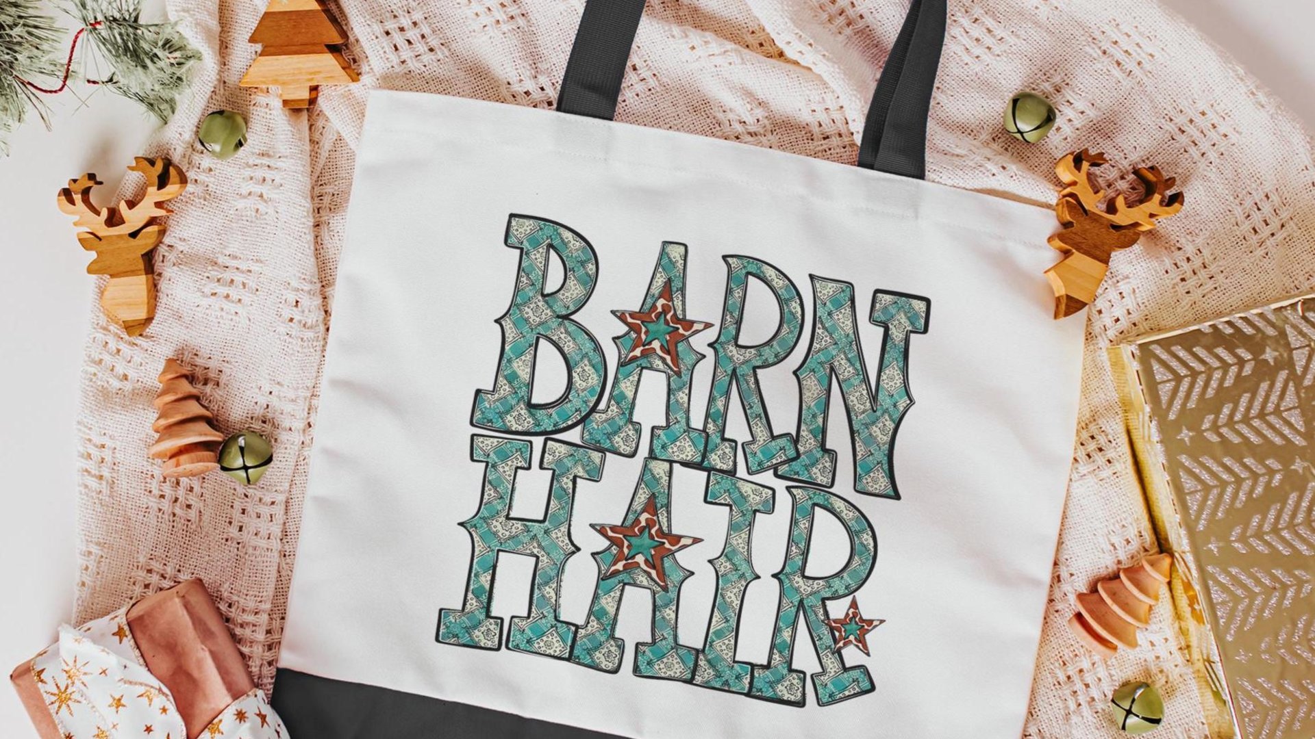 Barn hair tote bags for women, turquoise bandana print country girl gifts, farmers market bag for sister, farm gifts for animal lovers