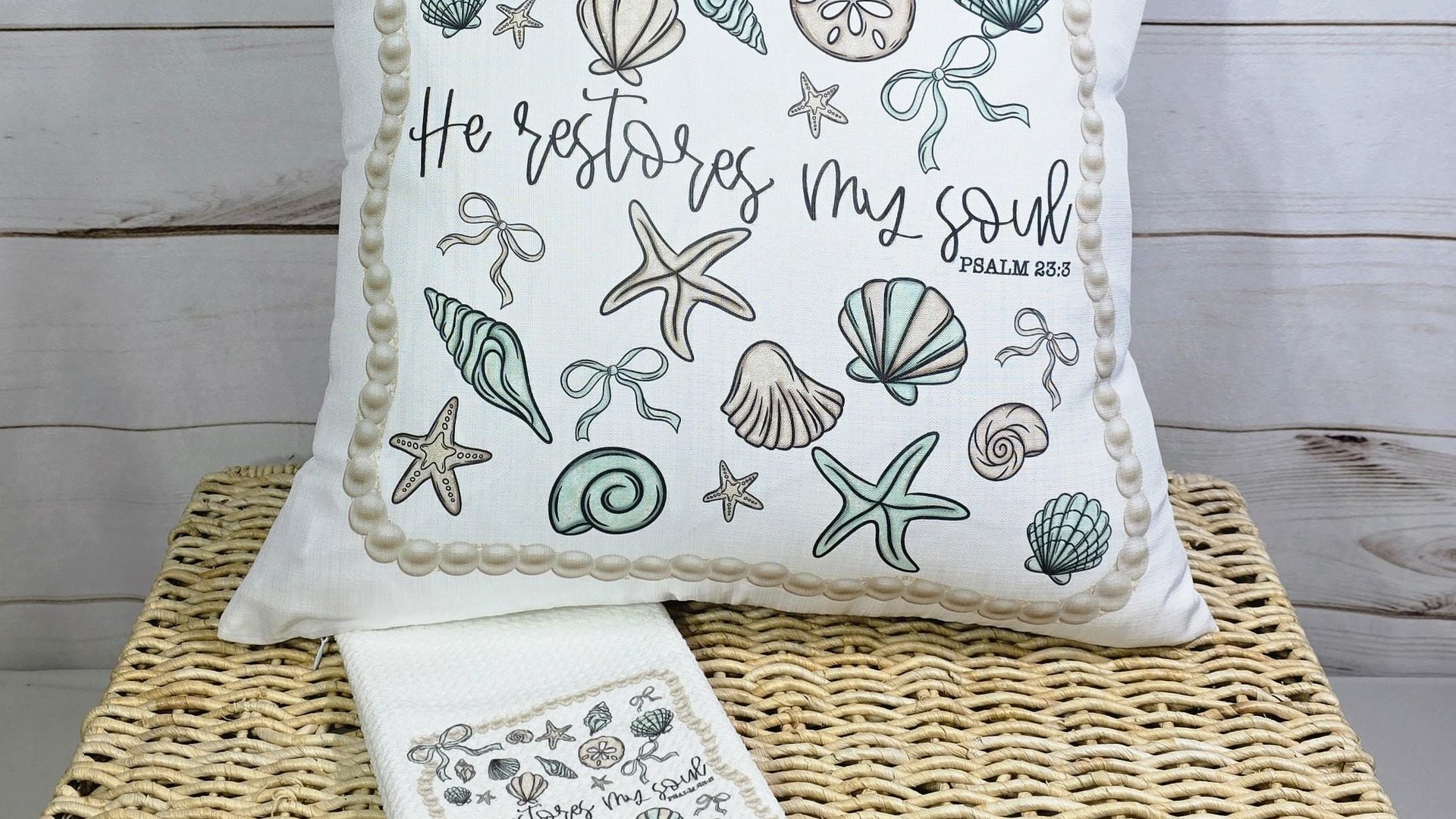 he restores my soul Psalm 23:3 Bible verse throw pillows for bed, Christian gifts for best friends, seashell coquette kitchen towels, beach