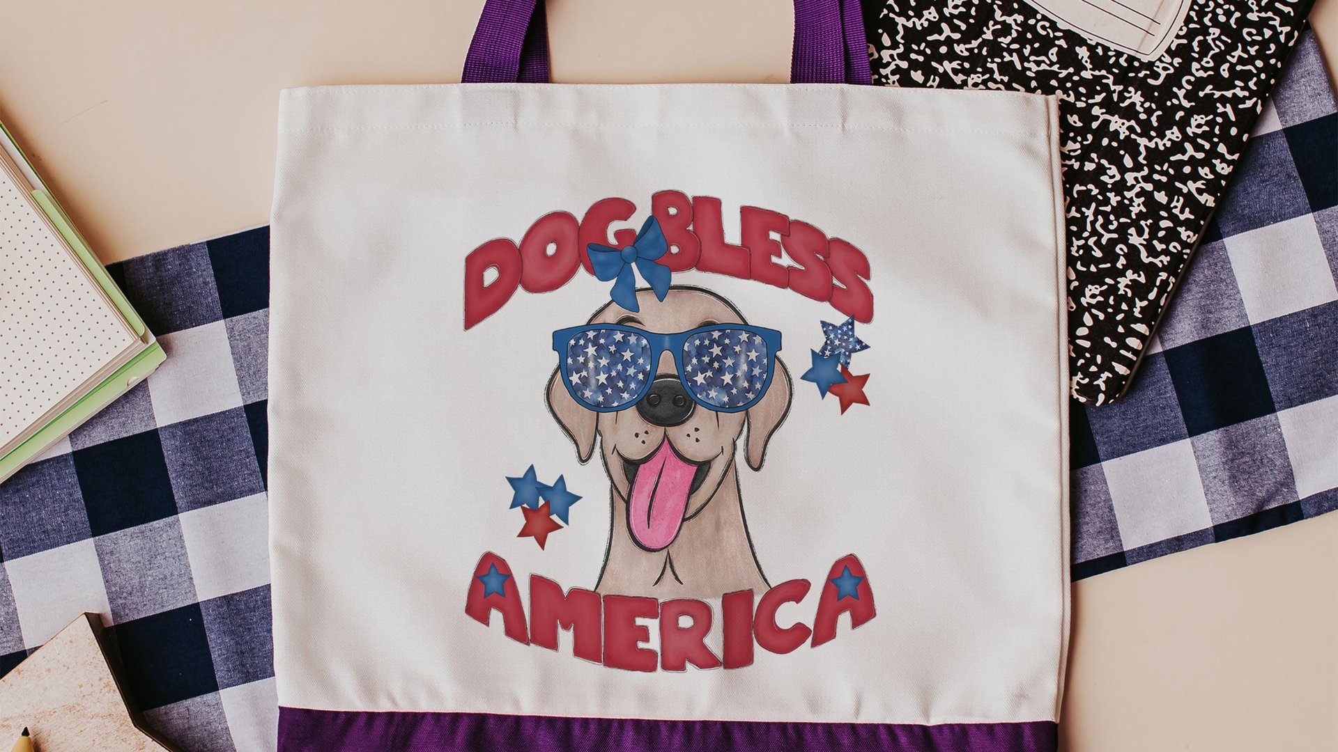 Dog bless America Yellow Labrador Retriever tote bag for books, lab mom patriotic retriever gift for women, reusable grocery bag cute dog