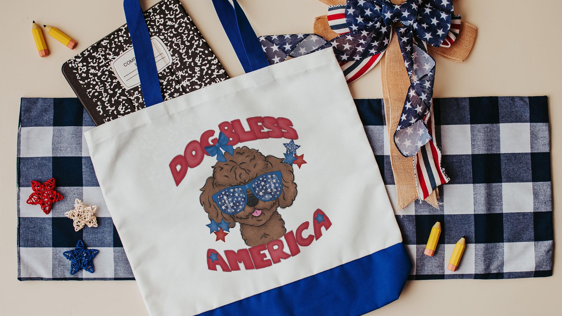 dog bless America patriotic tote bag for women, unique dog mom gifts, toy poodle tote bag for dog supplies, best gifts for dog lovers, 4th