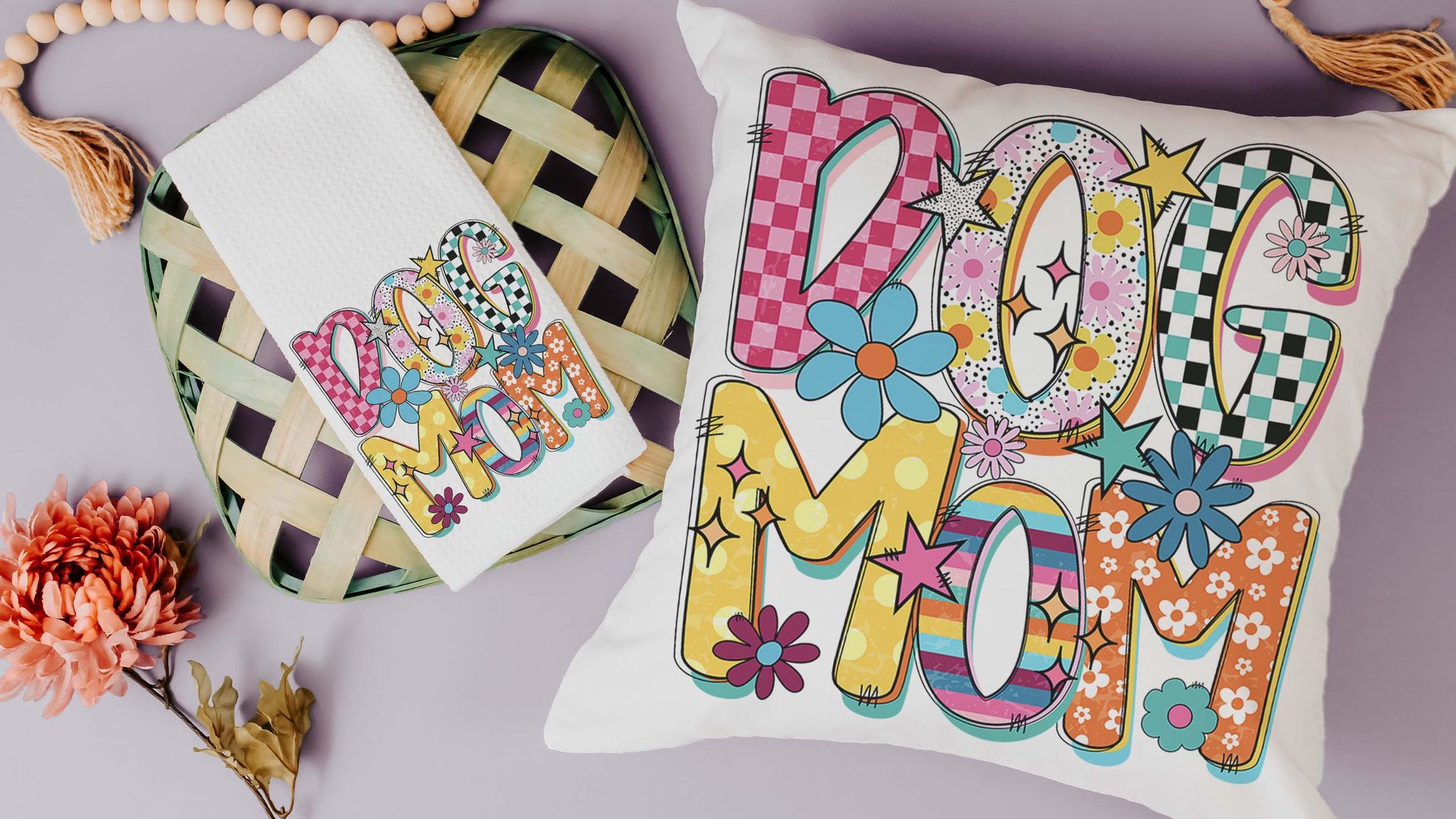 rainbow dog mom throw pillows for couch bright checkered dog kitchen towel for Mom, dog mama gifts, whimsical dog lover home decorations