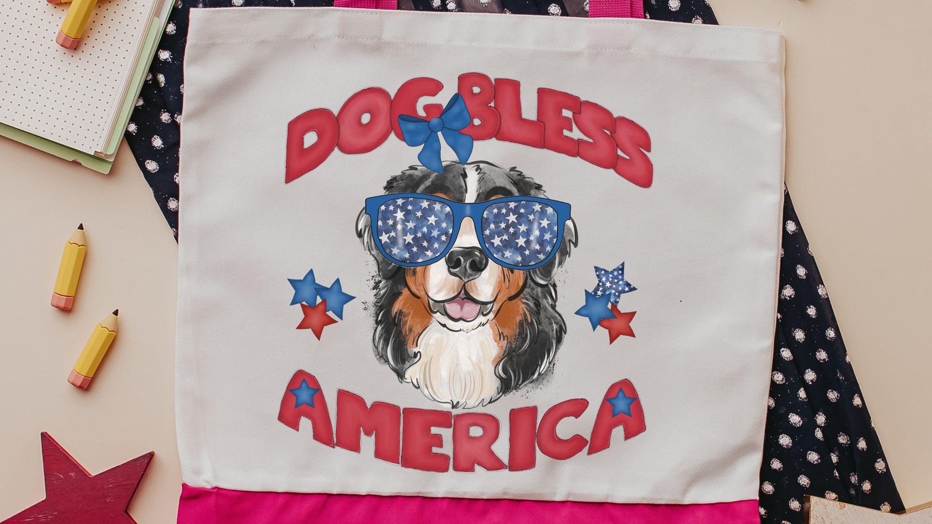 Dog bless America Bernese mountain dog tote bag for books, berner mom patriotic bernie gift for women, reusable grocery bag cute dog gift