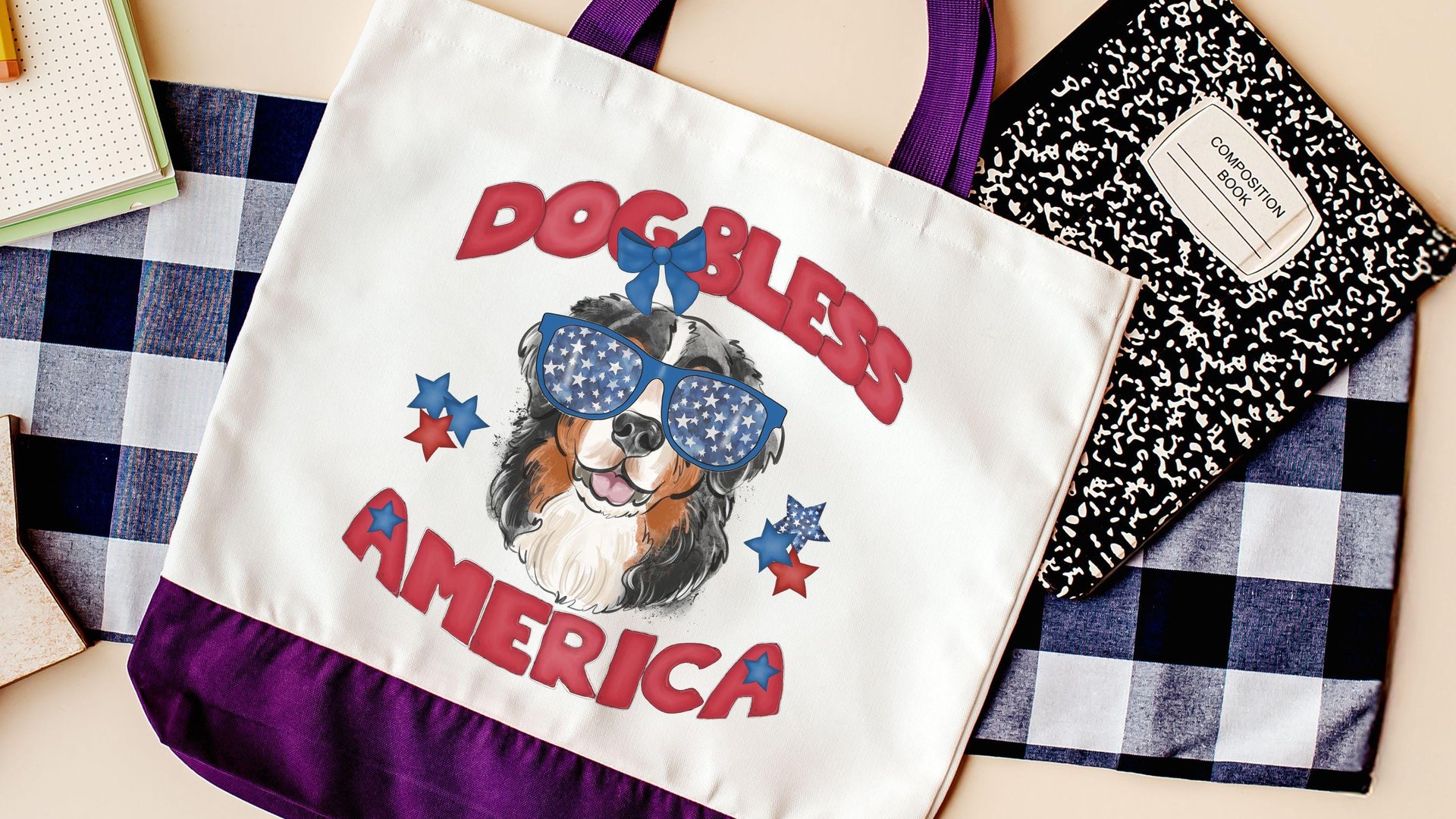 Dog bless America Bernese mountain dog tote bag for books, berner mom patriotic bernie gift for women, reusable grocery bag cute dog gift