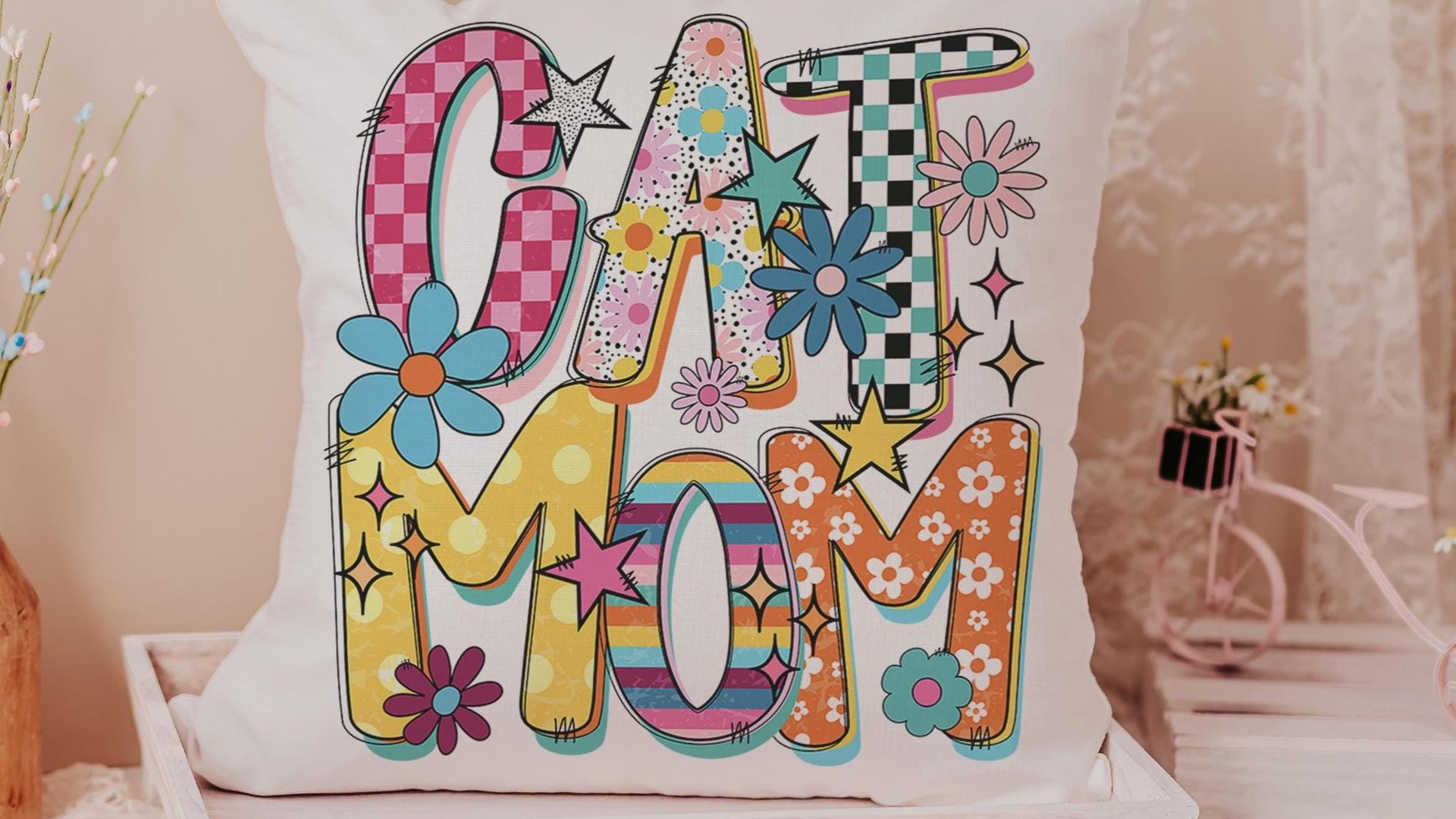 rainbow cat kitchen towel mod cat mom throw pillows cute cat gifts for cat lovers, whimsical cat decor, trendy checkered decorative pillows