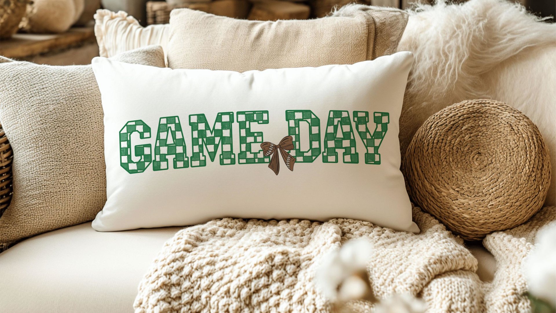 Game day girly football throw pillow for bed cute football gifts for girls, football coquette room decor for teens, football mom