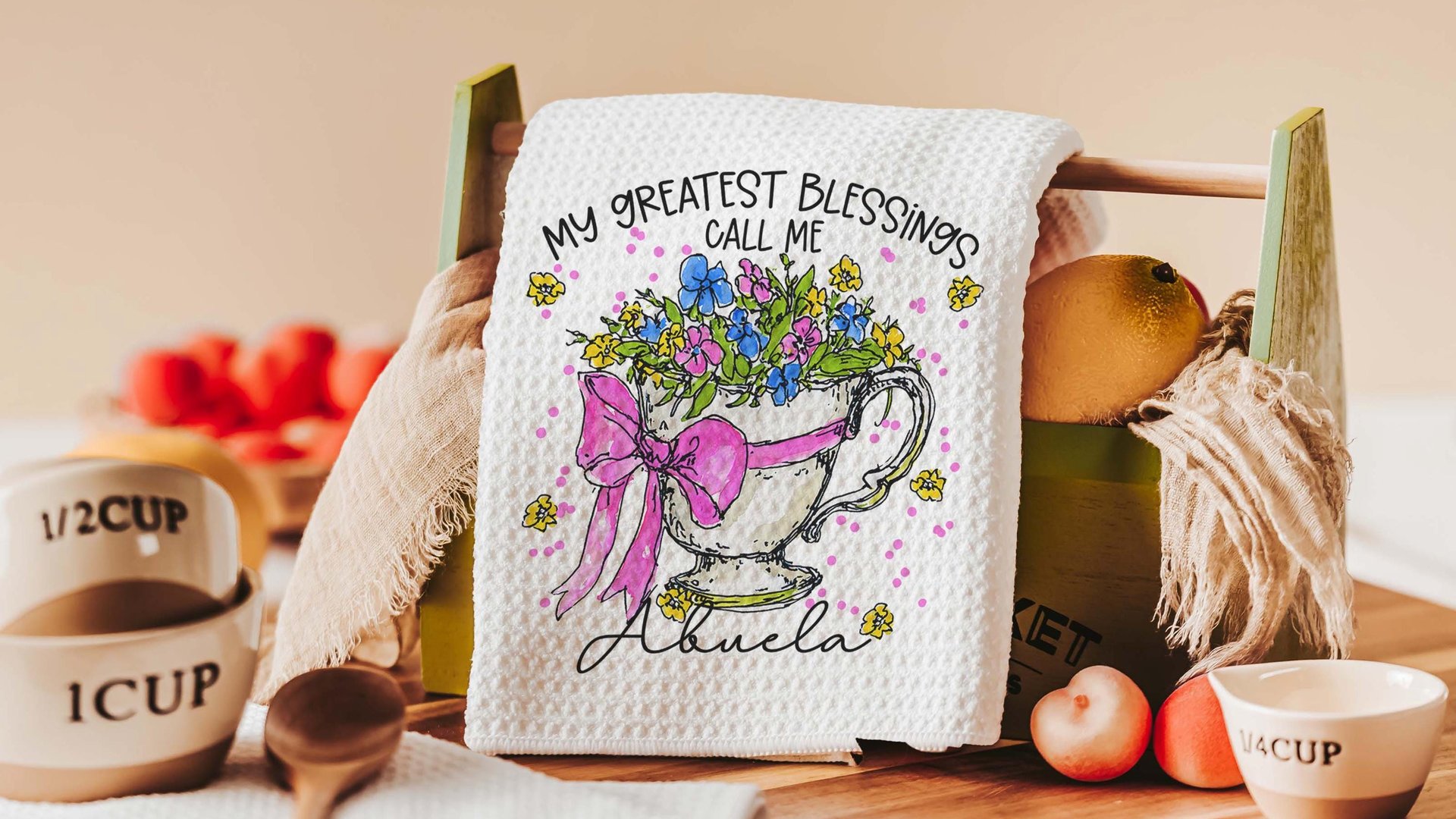 personalized my greatest blessings call me Nana floral throw pillows for couch, teacup garden kitchen towel for Mom, Nana pillow cover 18 x