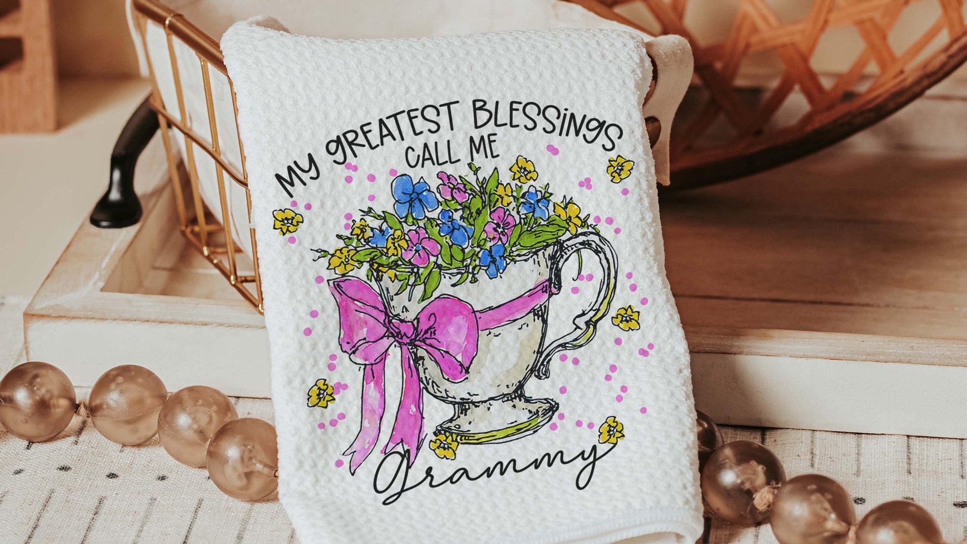 personalized my greatest blessings call me Nana floral throw pillows for couch, teacup garden kitchen towel for Mom, Nana pillow cover 18 x