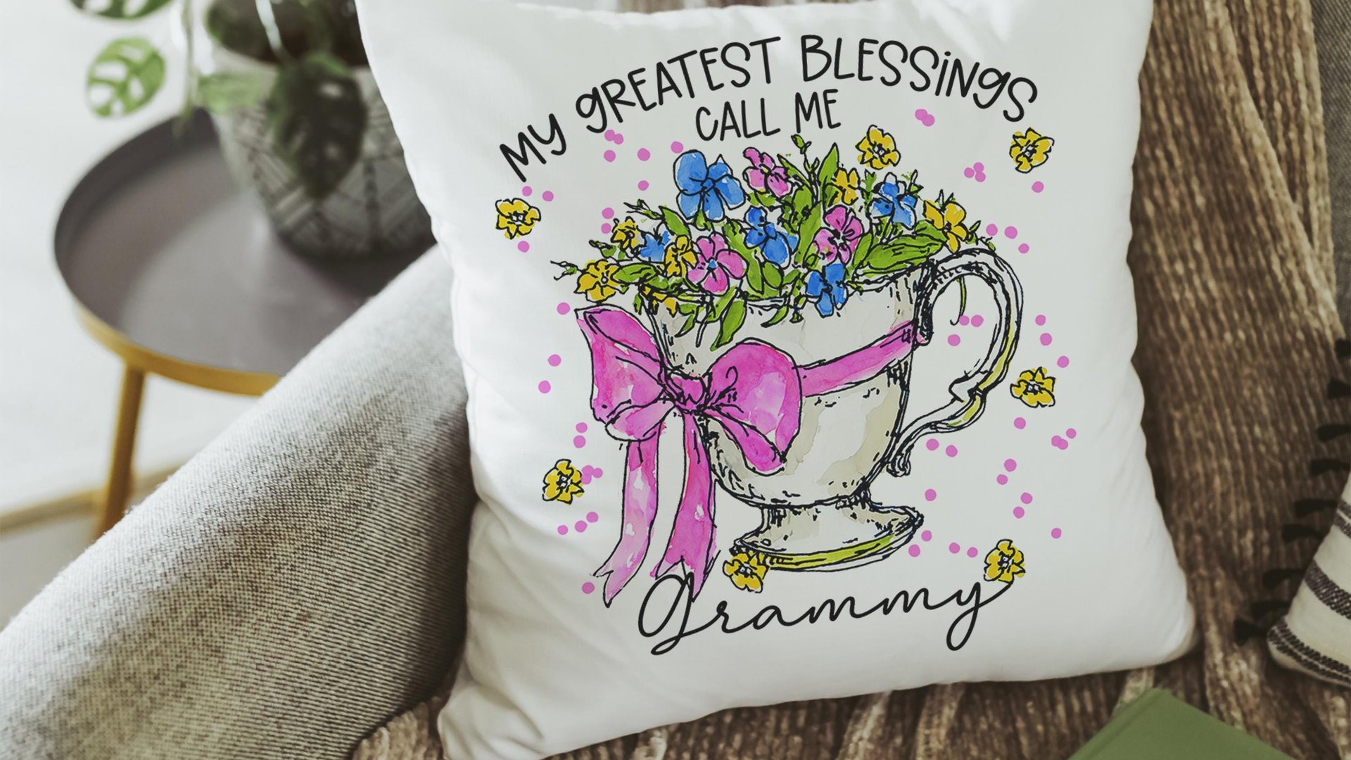 personalized my greatest blessings call me Grammy throw pillow for bench, Grammy gifts for Mothers day gifts from grandchildren, teacup hand