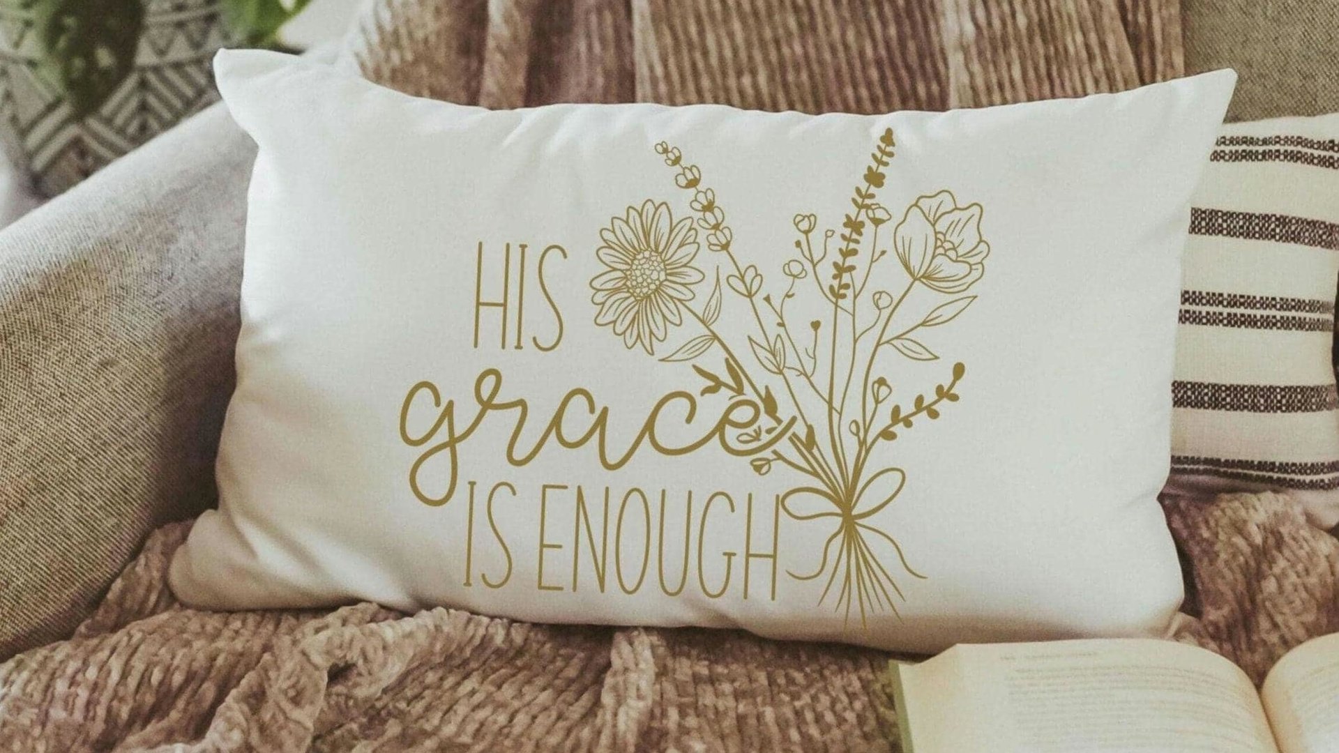 his grace is enough floral lumbar pillow cover 12x20, Christian Christmas gifts for her, 2 Corinthians 12 9 scripture throw pillow for couch