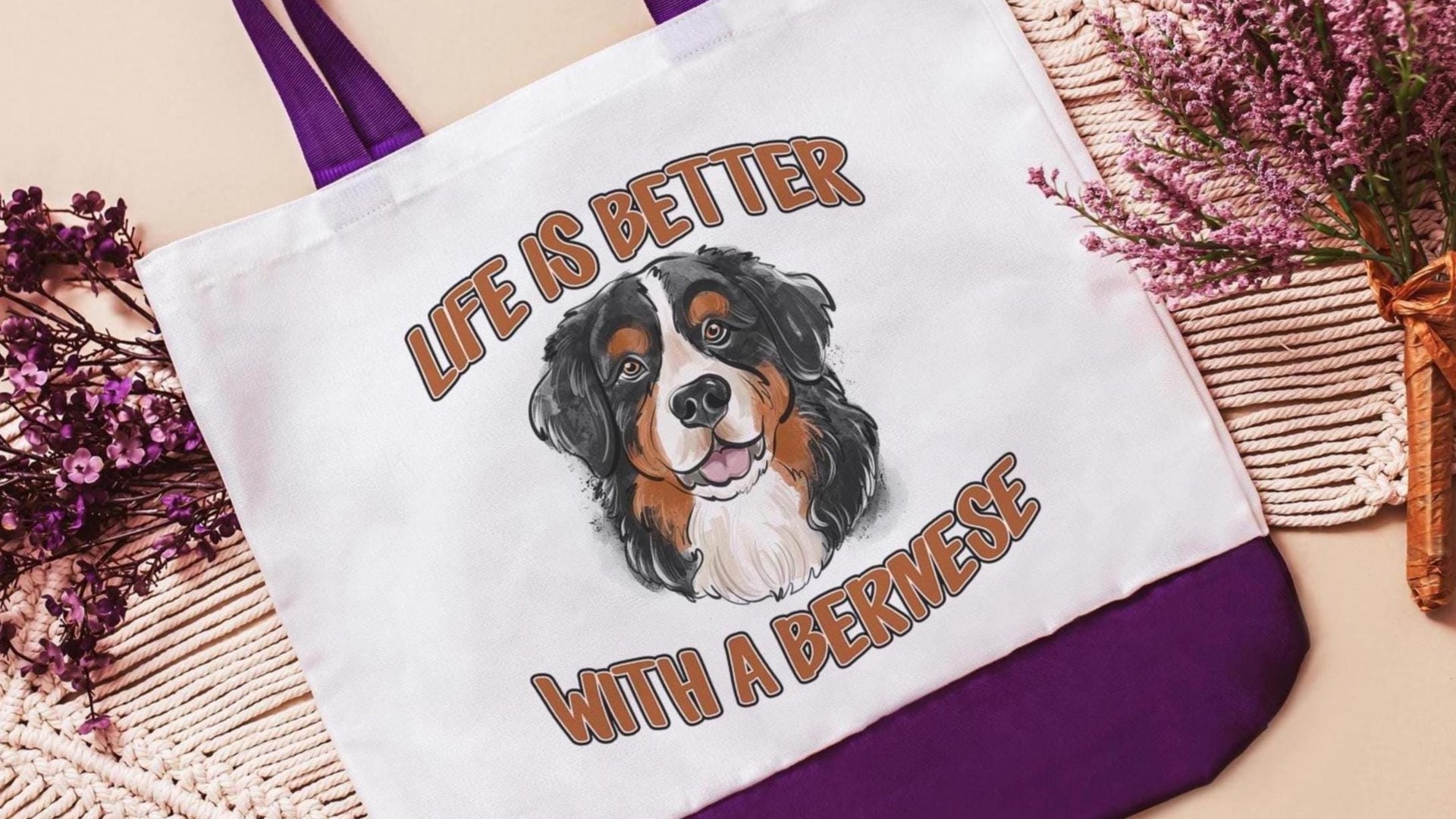 life is better with a dog bernese mountain dog tote bag for dog lover, bernese dog mom dog walking bag for women, cute dog gifts beach bag