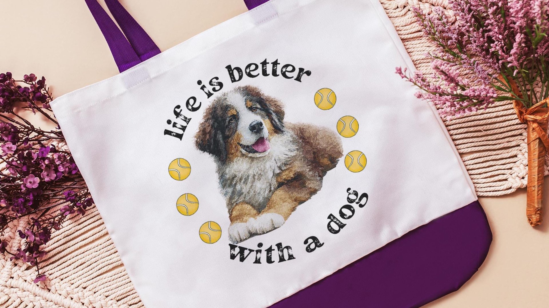 life is better with a dog bernese mountain dog tote bag for dog lover, bernese dog mom dog walking bag for women, cute dog gifts beach bag