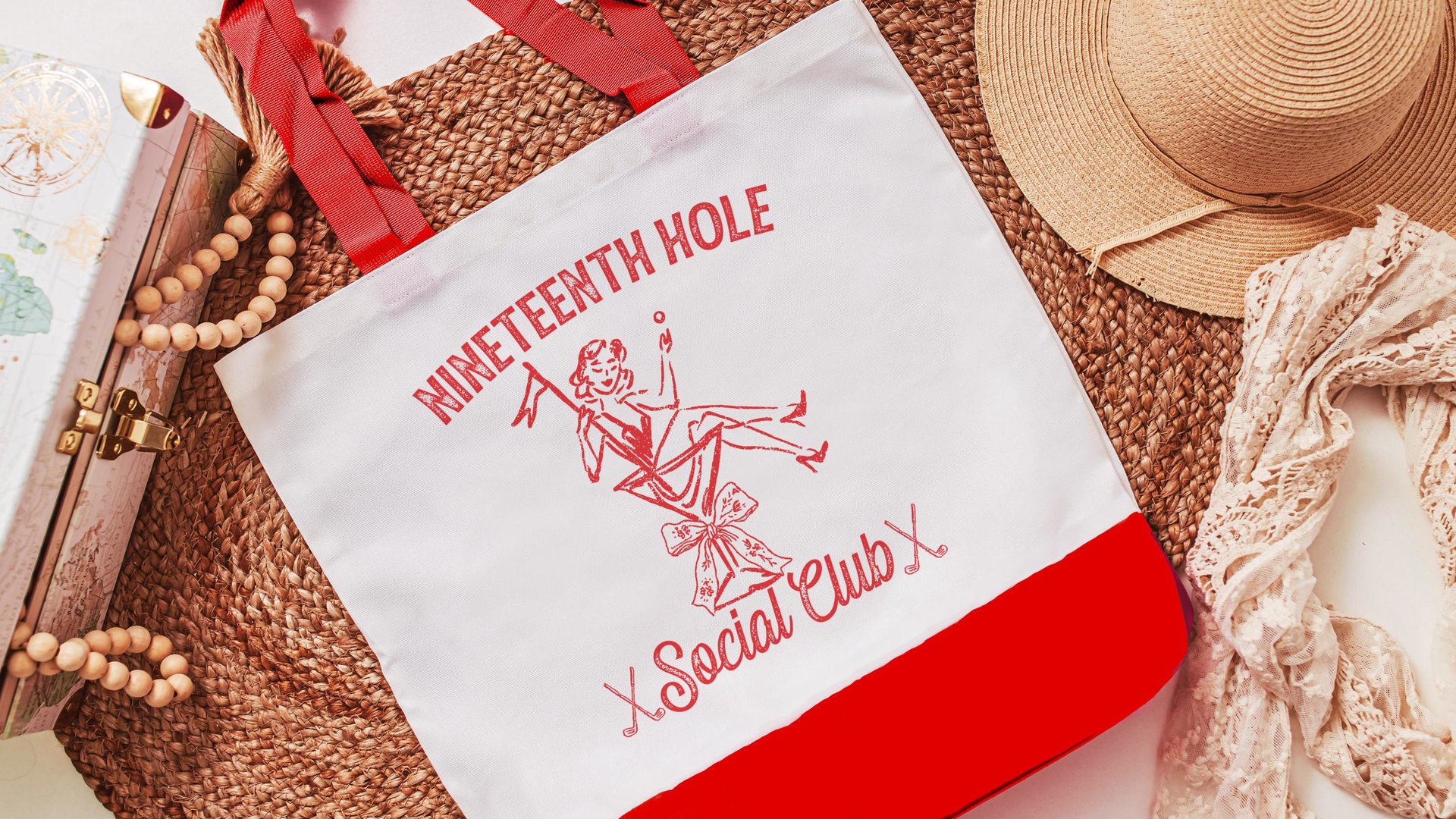 19th hole social club funny golf tote bag for cart, carolina blue golf wristlet bag for women, sassy golf gifts for girls golf trip gifts