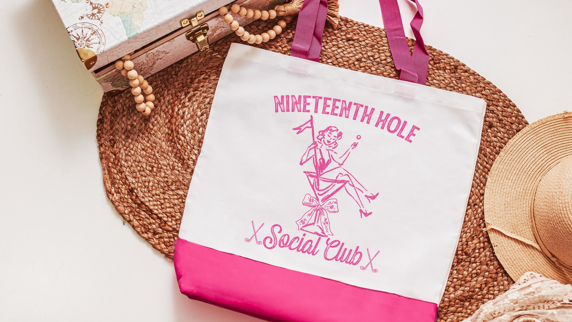 19th hole social club funny golf tote bag for cart, carolina blue golf wristlet bag for women, sassy golf gifts for girls golf trip gifts