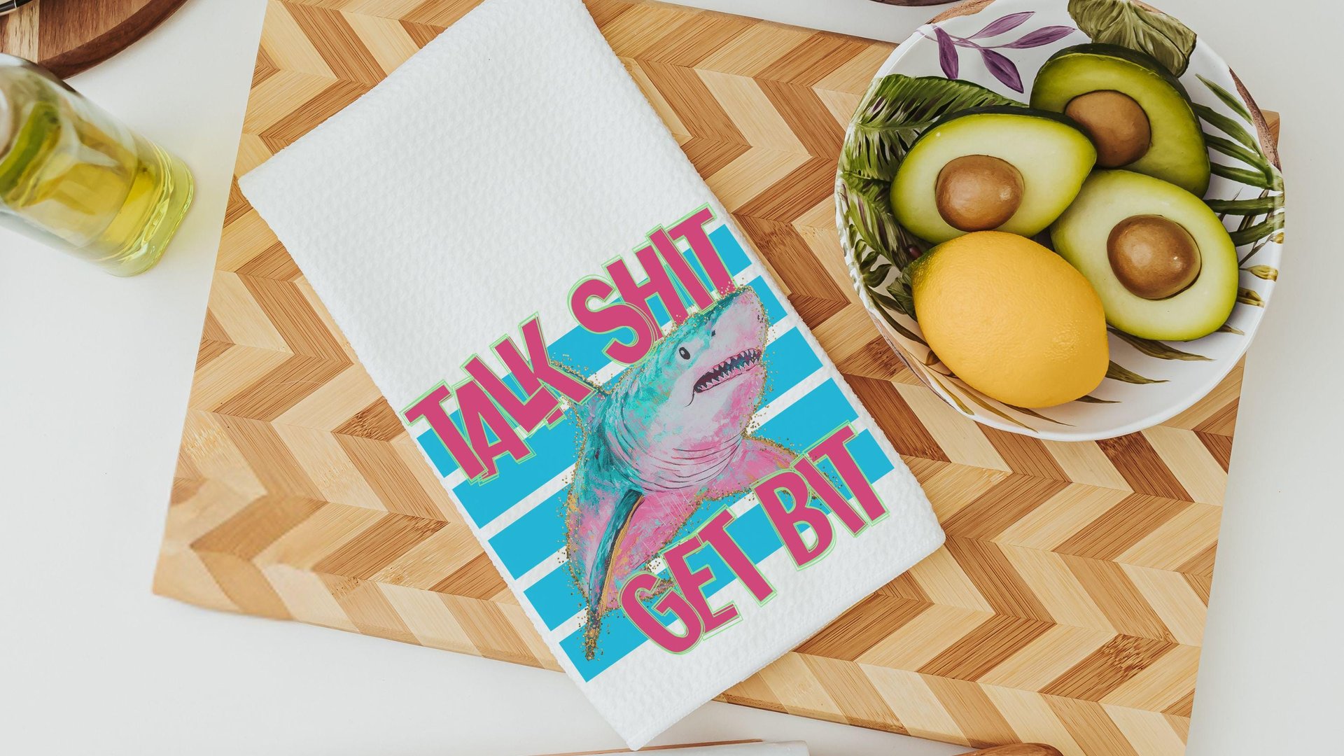 bite me funny kitchen towels for summer, beach house kitchen decor, shark bathroom decor, Chatham Cape Cod gifts, great white shark gifts