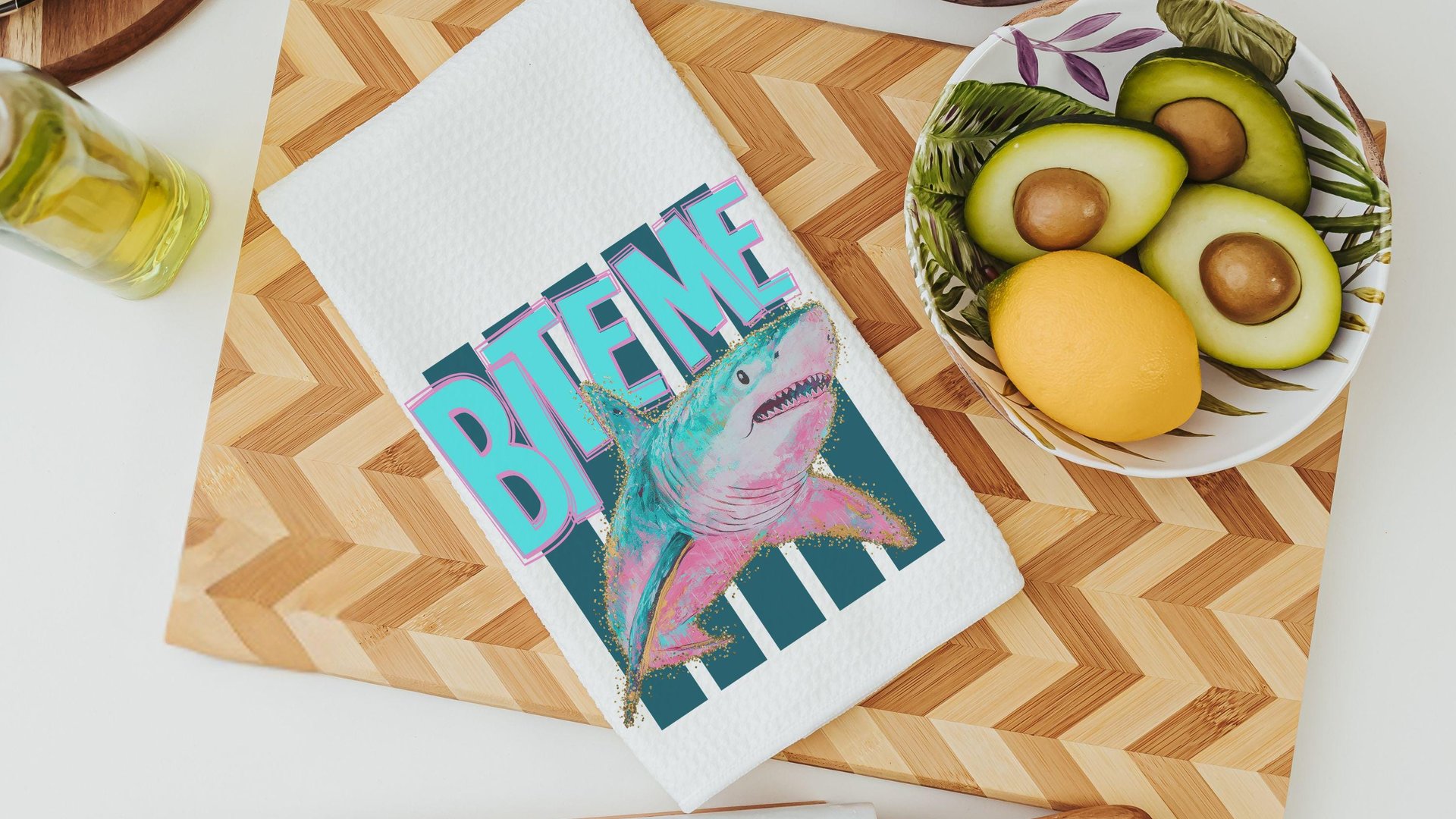 get bit funny kitchen towels for summer, beach house gifts, shark hand towels for guest bath, great white shark gifts for women, new smyrna