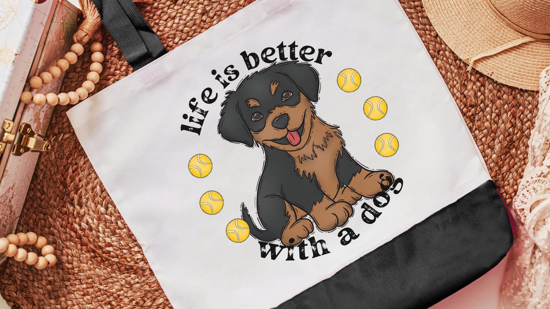 Life is better with a dog, rottweiler tote bag