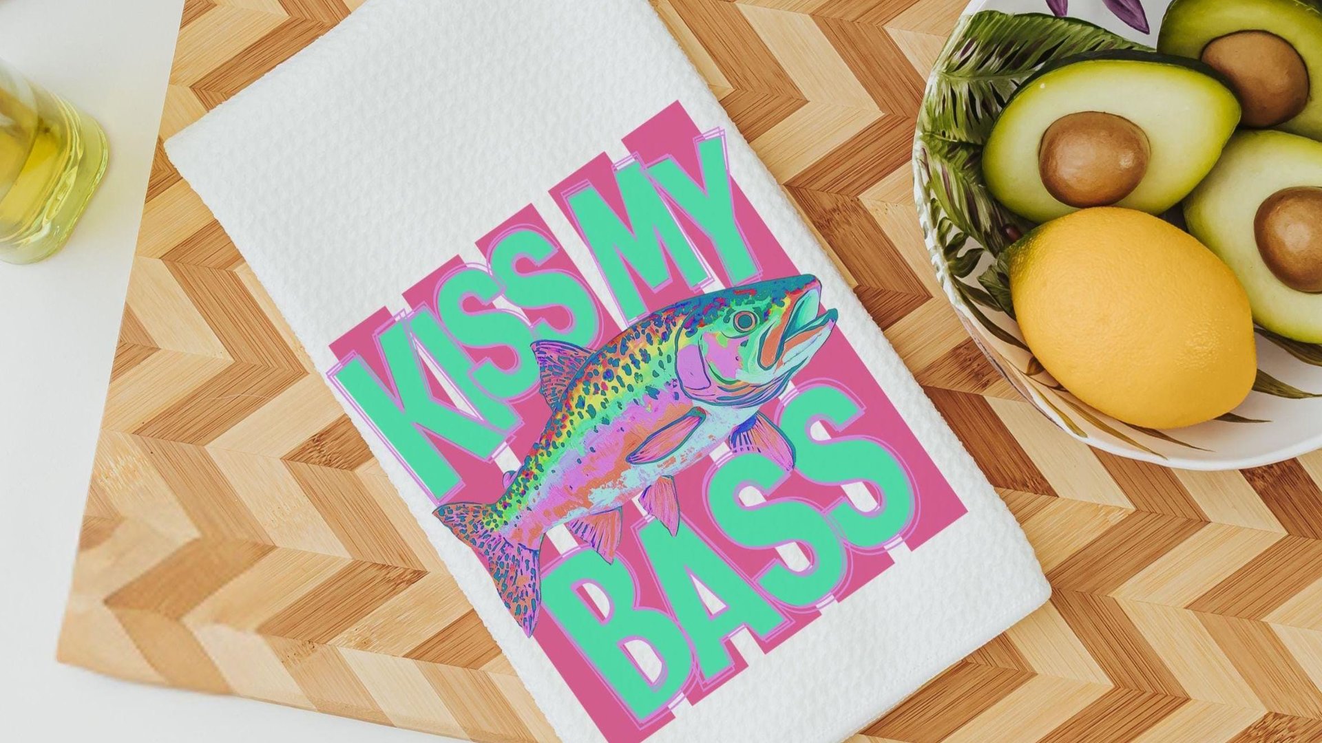 kiss my bass funny kitchen towels for summer, lake house bathroom decor, fishing gifts for Dad, fish kitchen decor, fisherman gifts for men