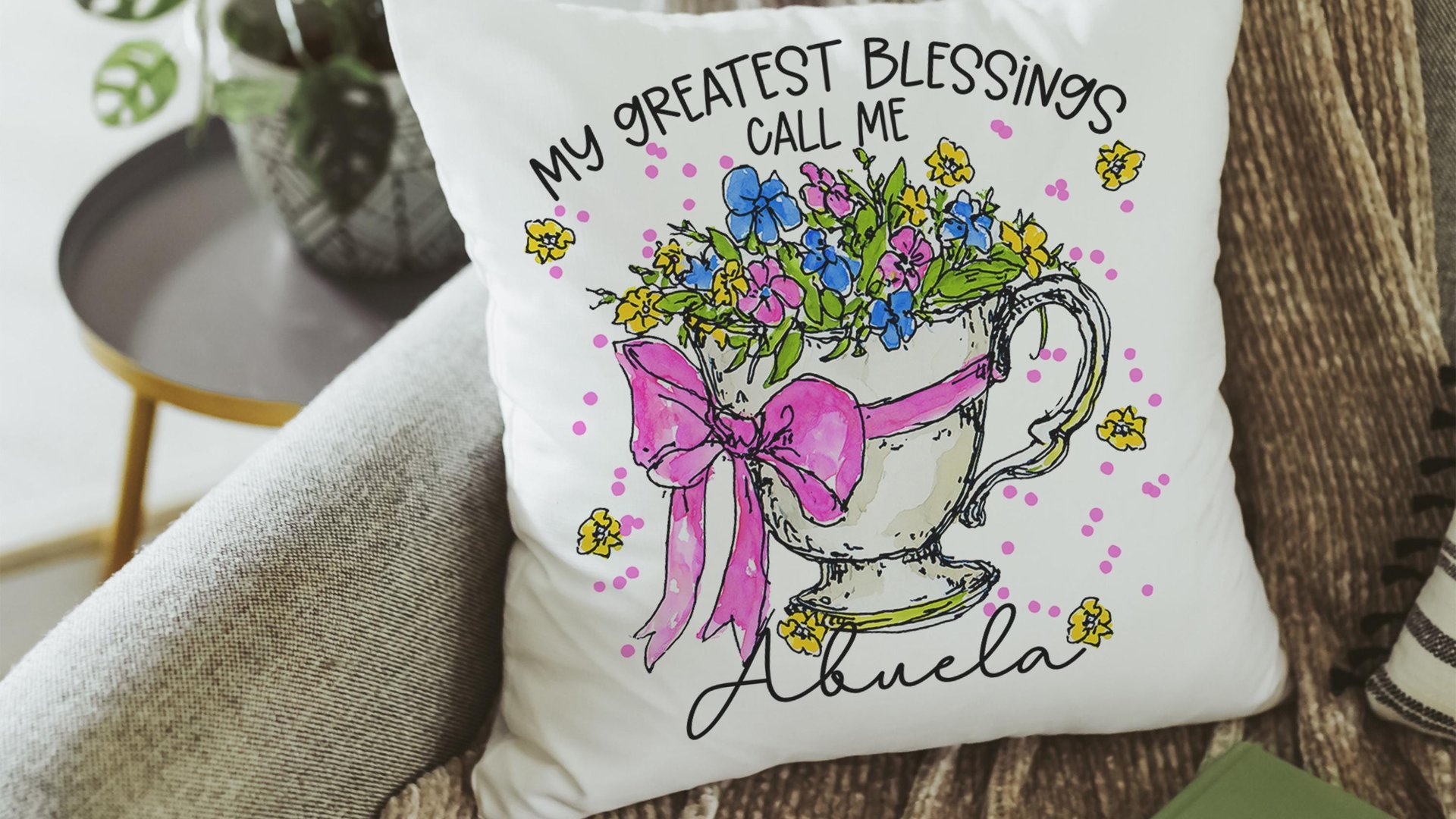personalized my greatest blessings call me Abuela pillow cover 18 x 18, Abuela gifts, floral Abuela kitchen towels for grandma, teacup throw