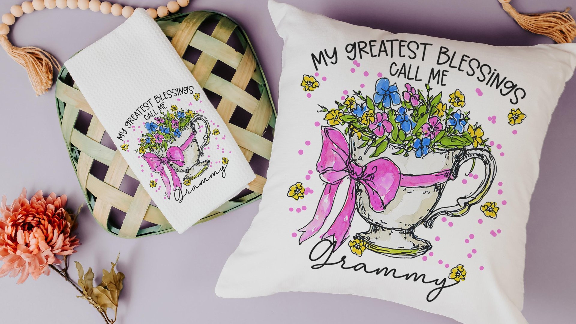 personalized my greatest blessings call me Granny throw pillows for bed, Granny gifts Mothers day gift from granddaughter, floral kitchen