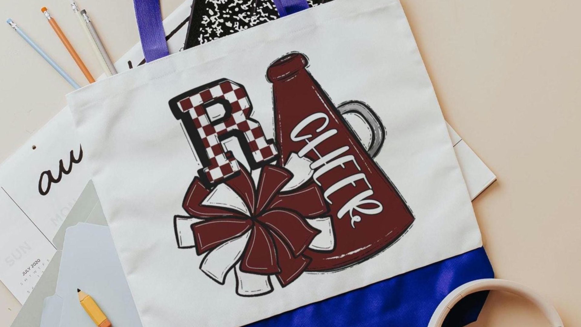 personalized white and maroon cheer tote bag for school, cheer gifts for girls, maroon checkered initial tote bag for teen girls, cheer mom