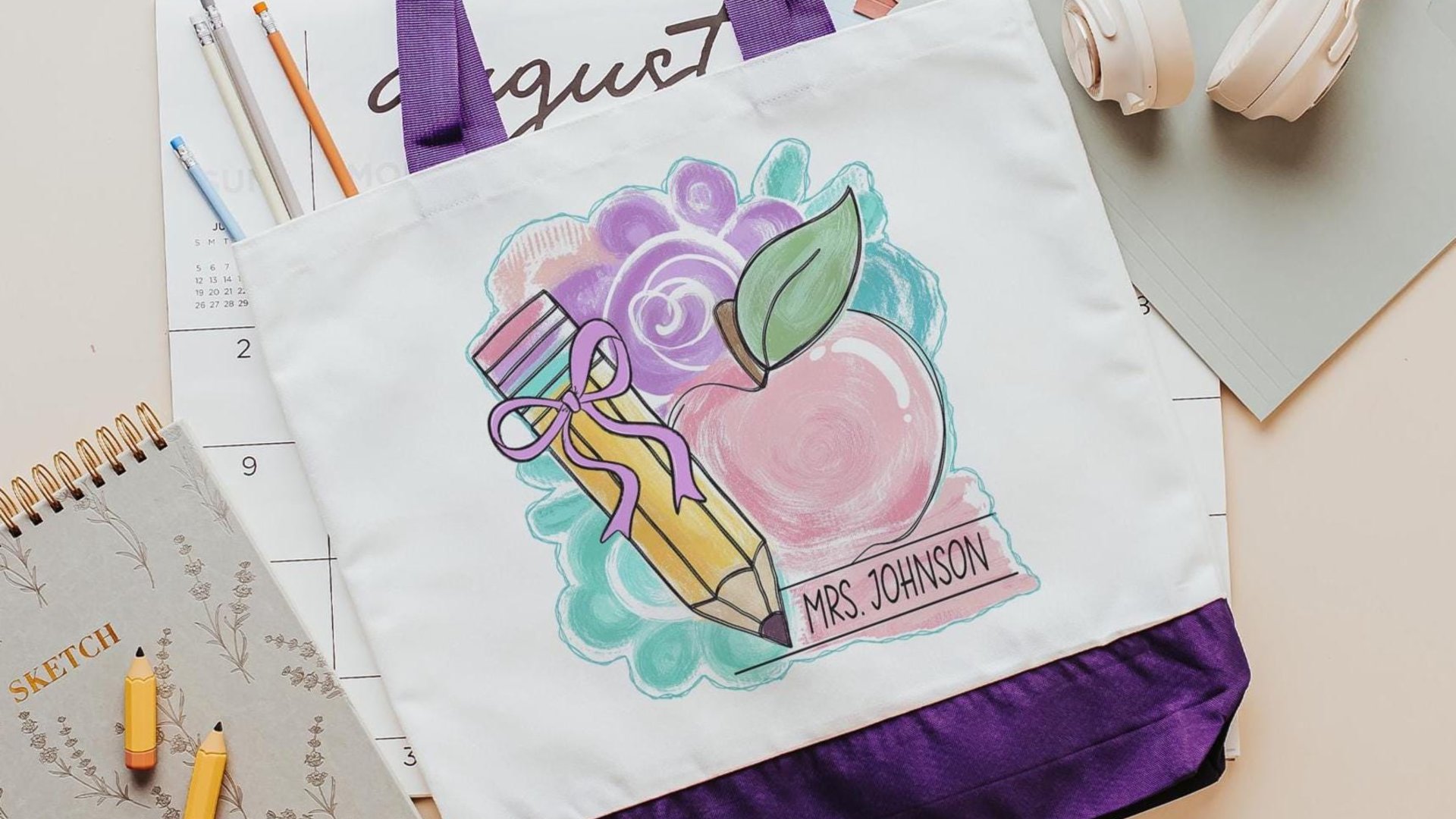personalized pastel apple tote bag for school, back to school gifts for coworkers, first day of school gifts for teachers, watercolor pencil