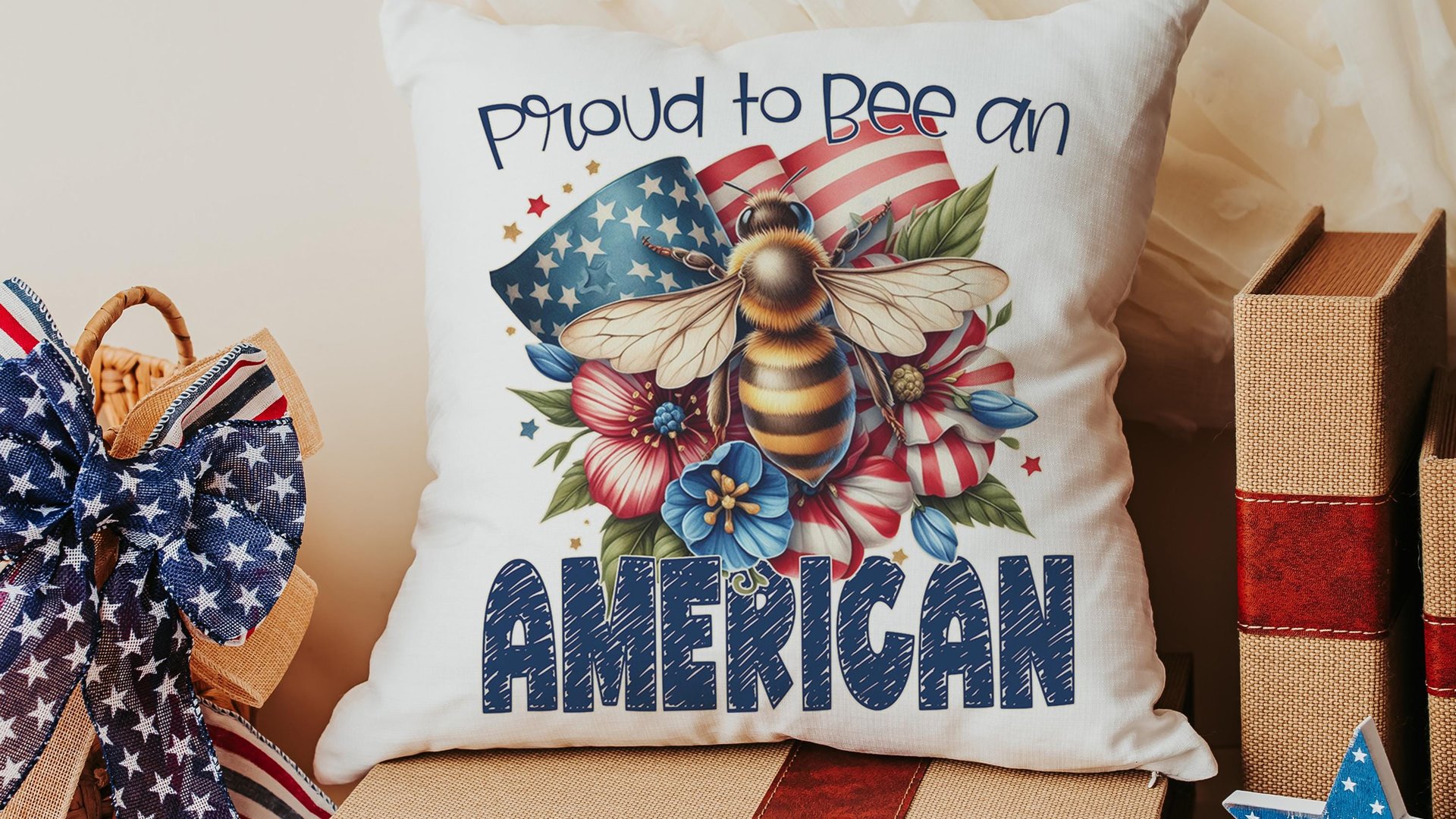 proud to be an American bumble bee throw pillows for living room, honey bee gifts for women, 4th of July accent pillows for couch, patriotic