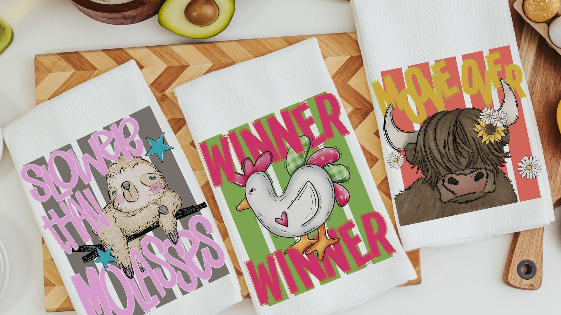 Slow as molasses sloth hand towels, moove over heifer farmhouse bathroom decor, winner winner funny chicken kitchen towels for summer, gifts