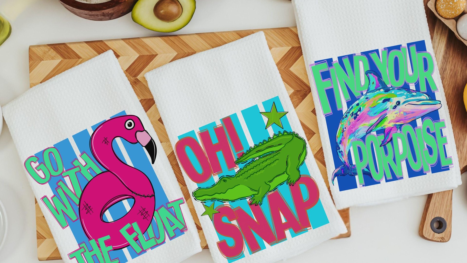 Go with the float funny hand towels, oh snap alligator bathroom decor, find your porpoise inspirational kitchen towels for summer, gifts