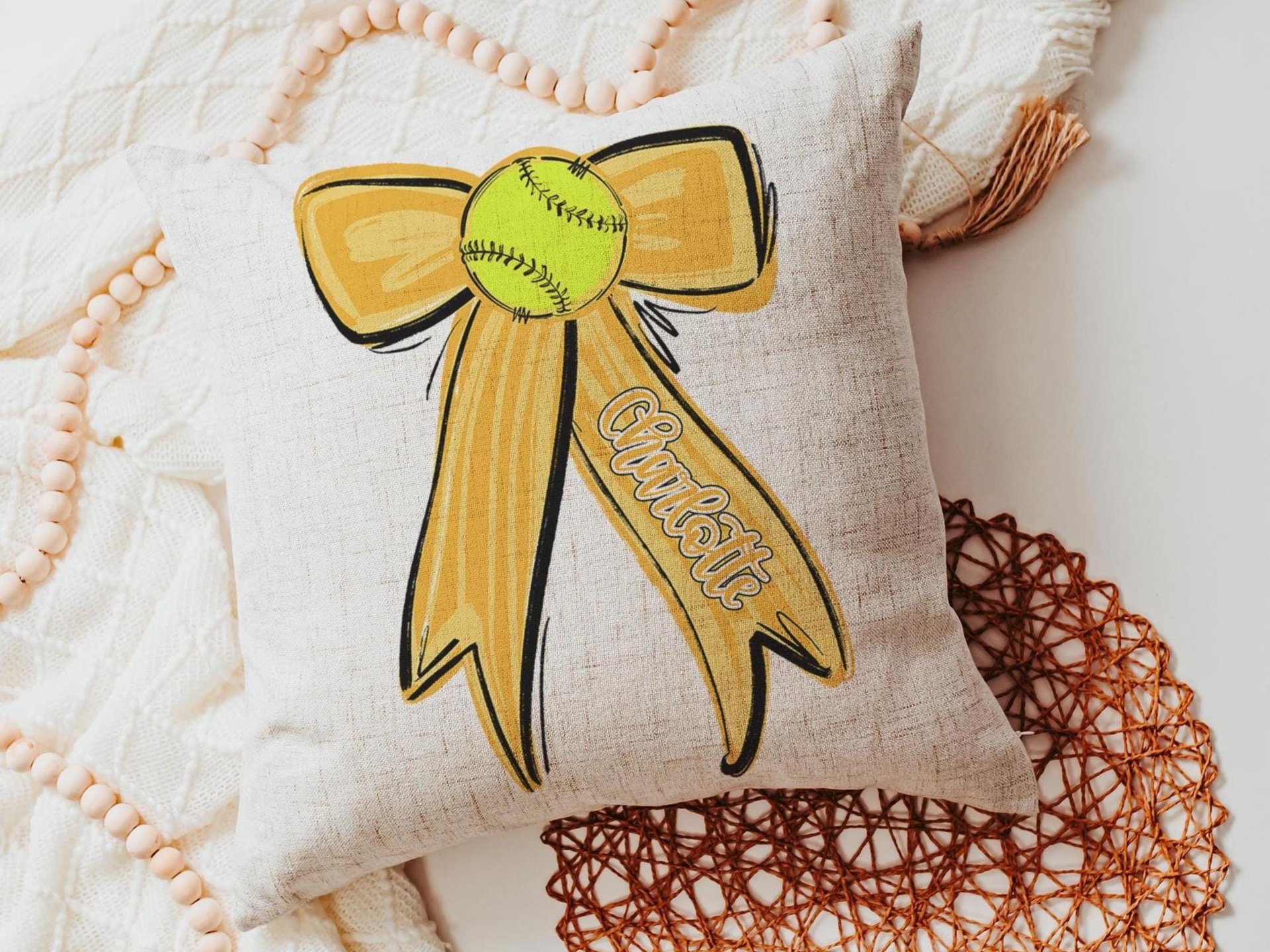 personalized school spirit softball throw pillows for couch yellow coquette decor for teenage girls, softball player gifts, softball gifts