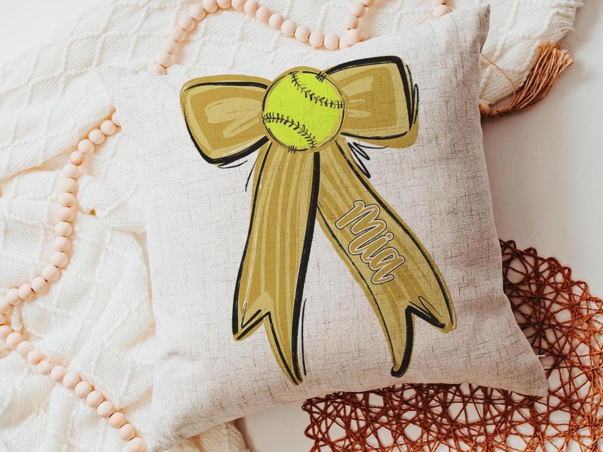 personalized school spirit softball throw pillows for couch gold coquette decor for teenage girls, softball player gifts, softball gifts for
