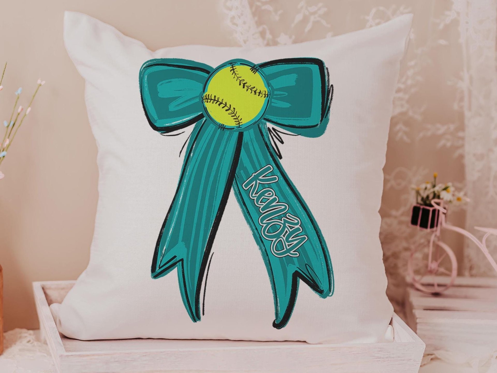 personalized school spirit softball throw pillows for couch teal coquette decor for teenage girls, softball player gifts, softball gifts for