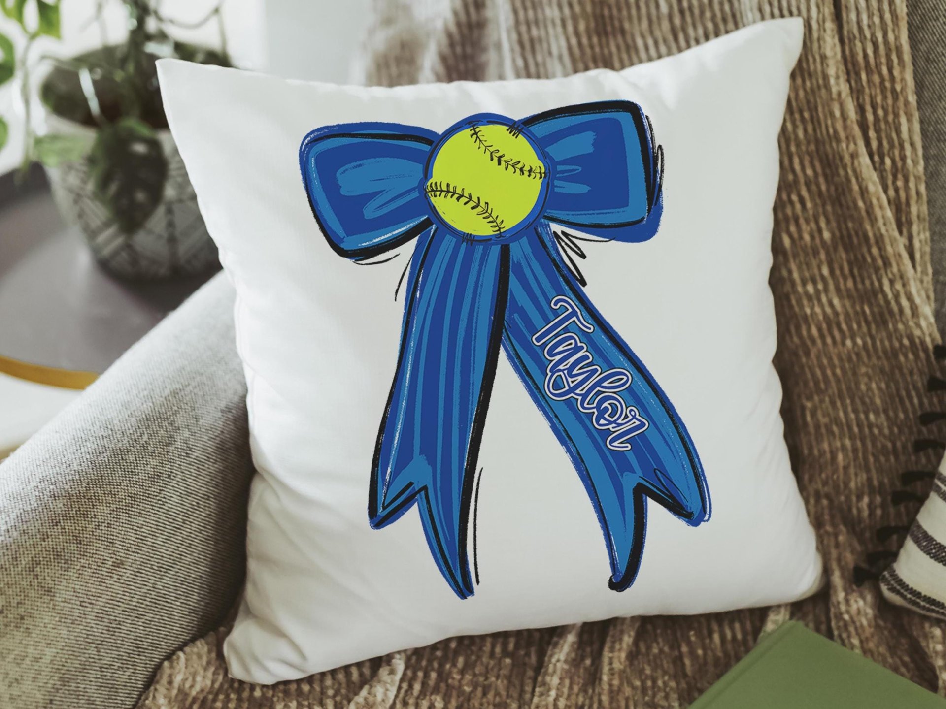 personalized school spirit softball throw pillows for couch royal blue coquette decor for teenage girl, softball player gifts, softball gift