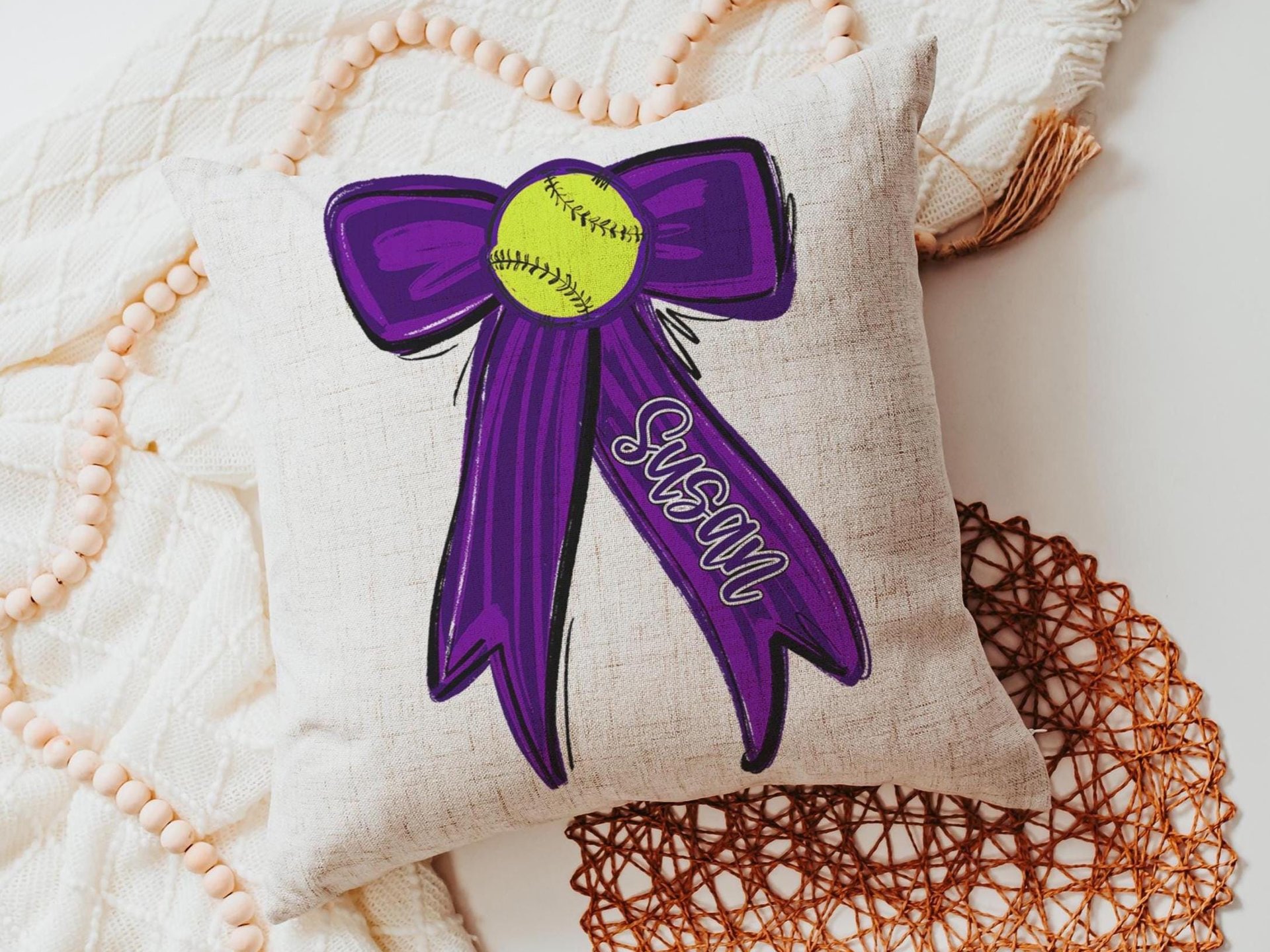 personalized school spirit softball throw pillows for couch purple coquette decor for teenage girls, softball player gifts, softball gifts