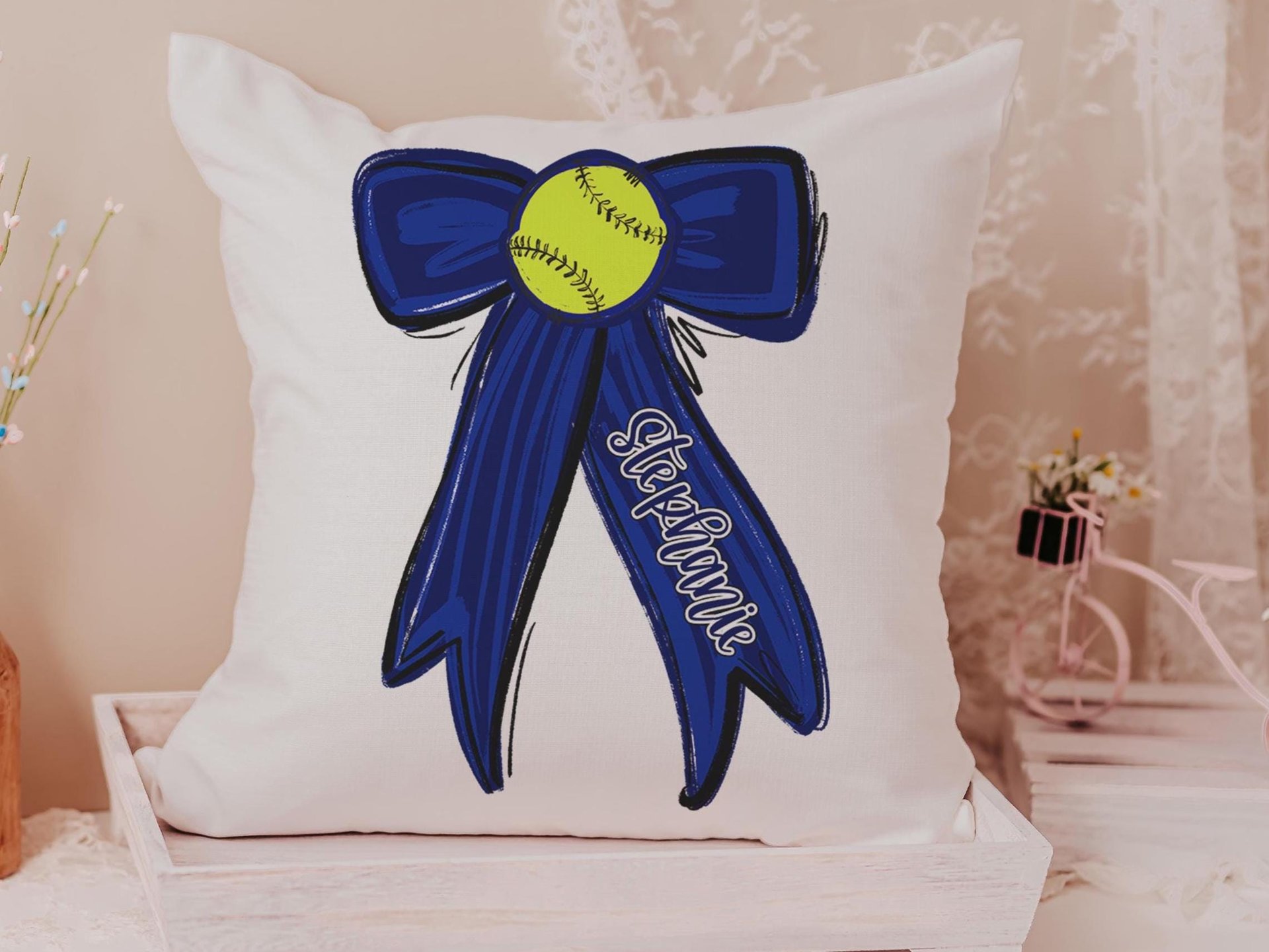 personalized school spirit softball throw pillows for couch navy coquette decor for teenage girls, softball player gifts, softball gifts for